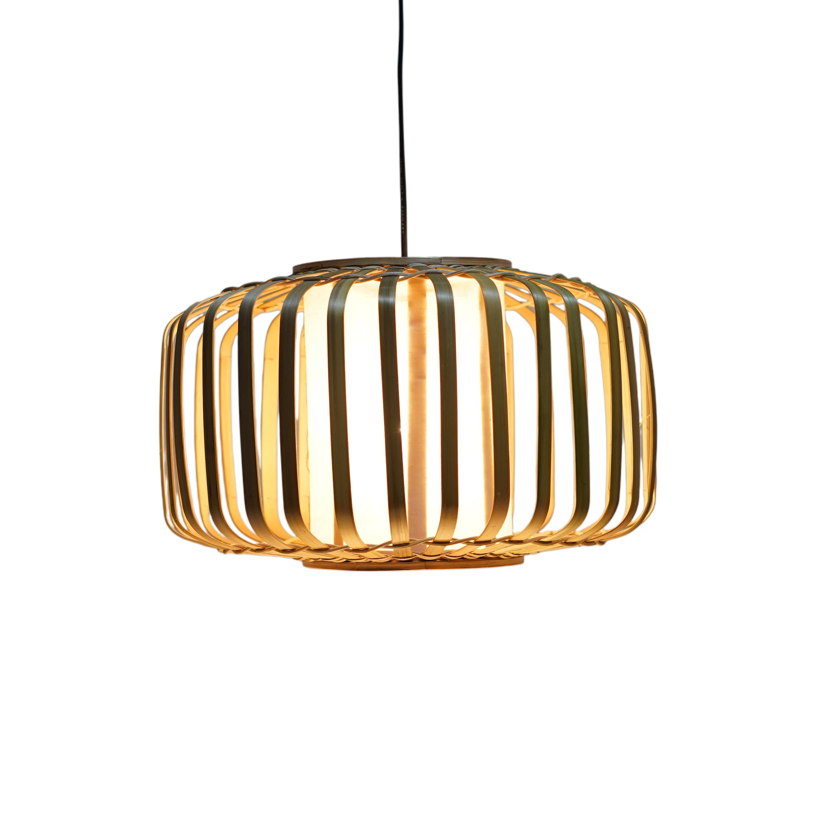 Modern Japandi Bamboo Pendant Light - Handcrafted Drum Lamp Shade with Fabric Diffuser - Thumbnail 1