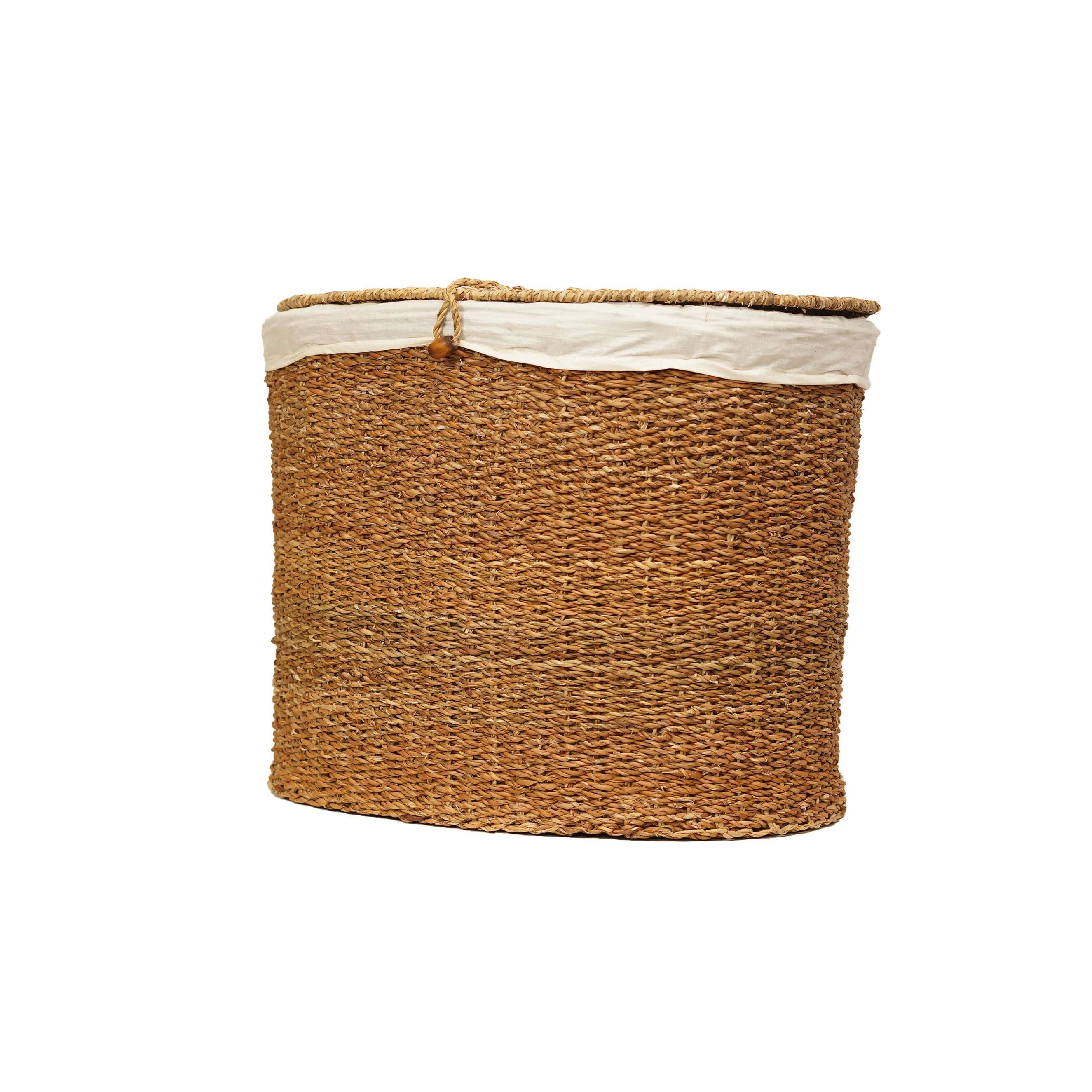 Handcrafted Natural Seagrass Oval Laundry Hamper | Woven Clothes Basket with Lid & Removable Liner