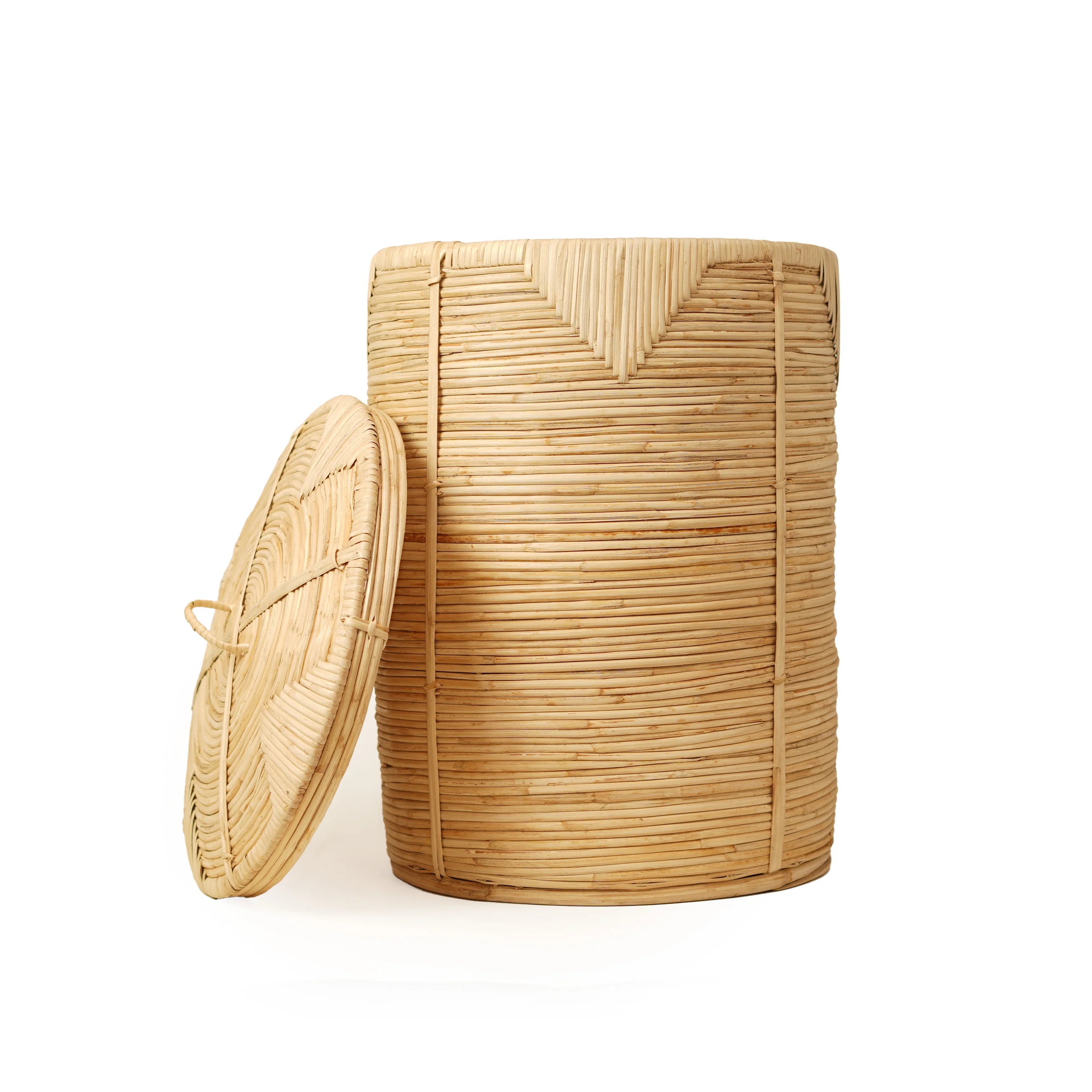 Handcrafted Natural Cane & Rattan Round Laundry Hamper Basket with Lid