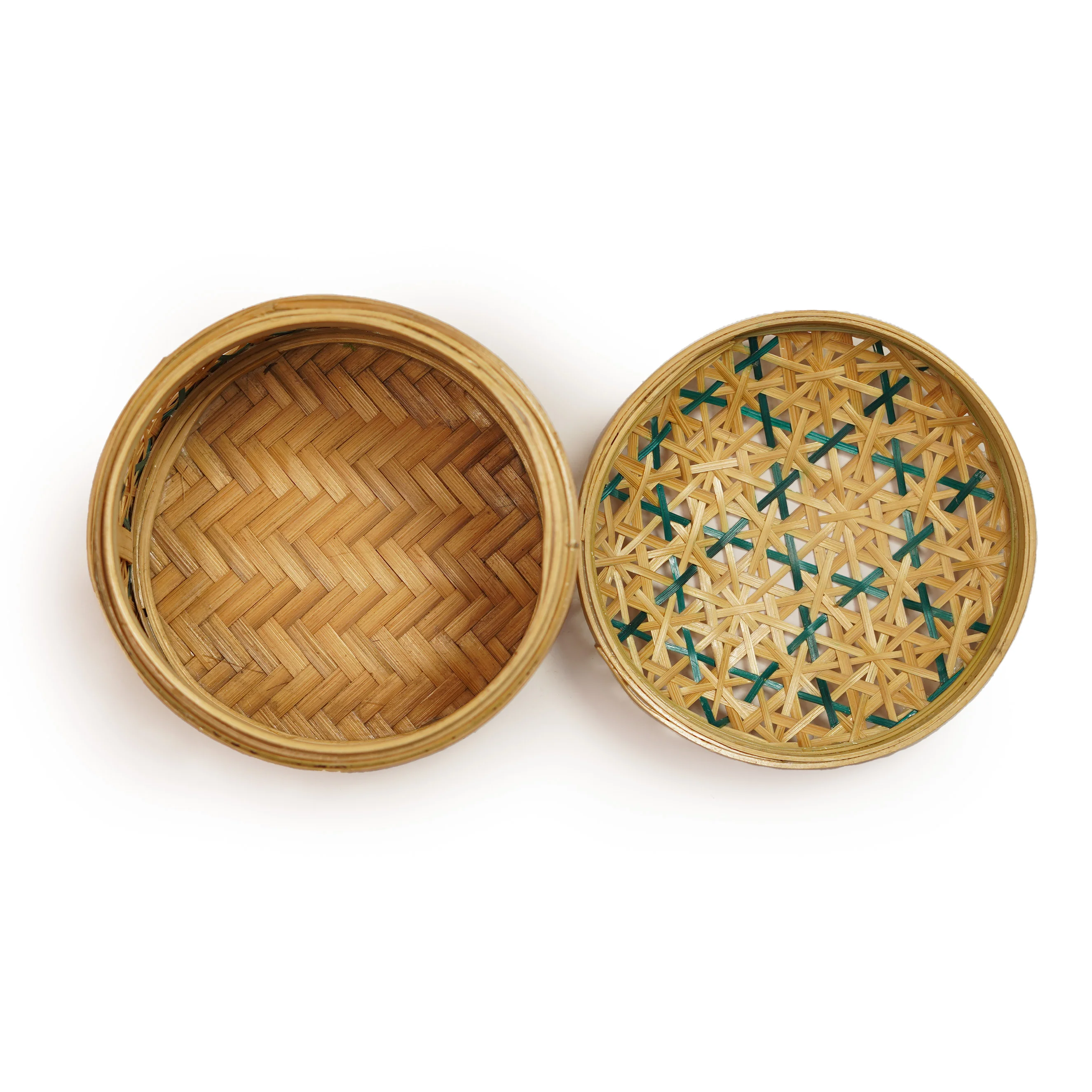 Handcrafted Green Hexagonal Star Pattern Bamboo Round Box with Lid