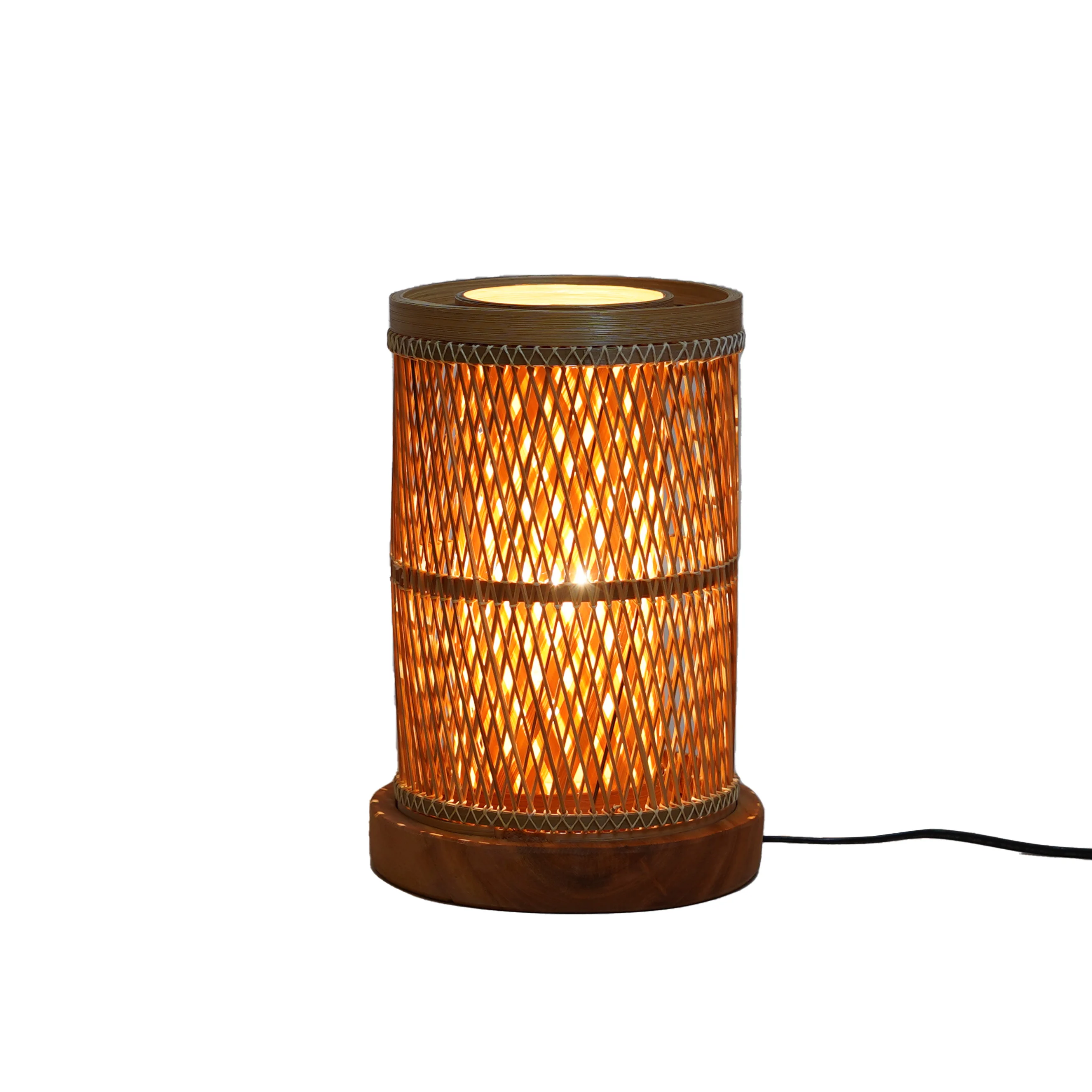 Handcrafted Small Cylinder Bamboo Table Lamp with Wooden Base - Woven Bedside Desk Lig - Thumbnail 1
