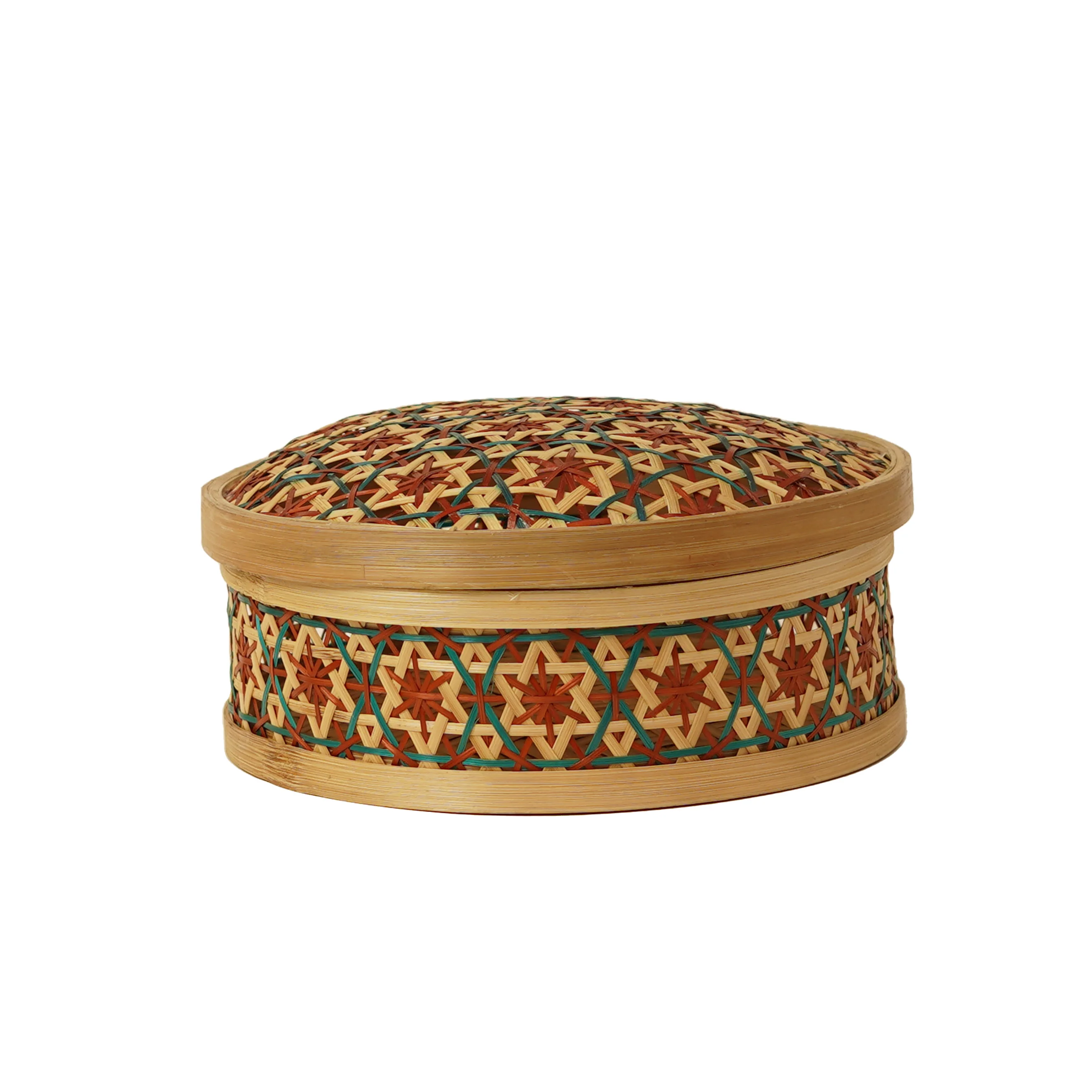 Handcrafted Geometric Patterned Bamboo Round Storage Box with Lid - Thumbnail 2