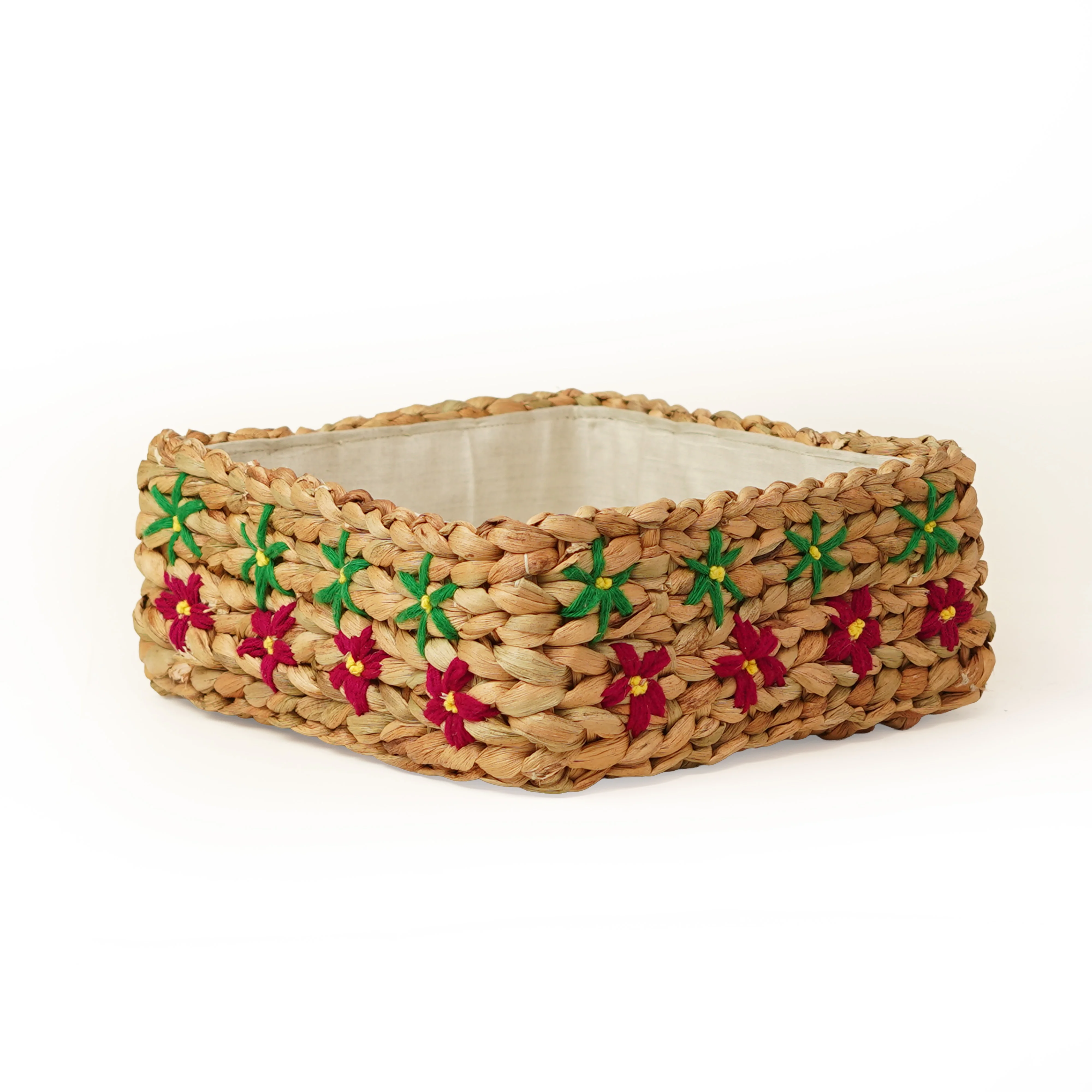 Handcrafted Water Hyacinth & Jute Square Storage Basket | Embroidered Floral Decorativ - Thumbnail 1