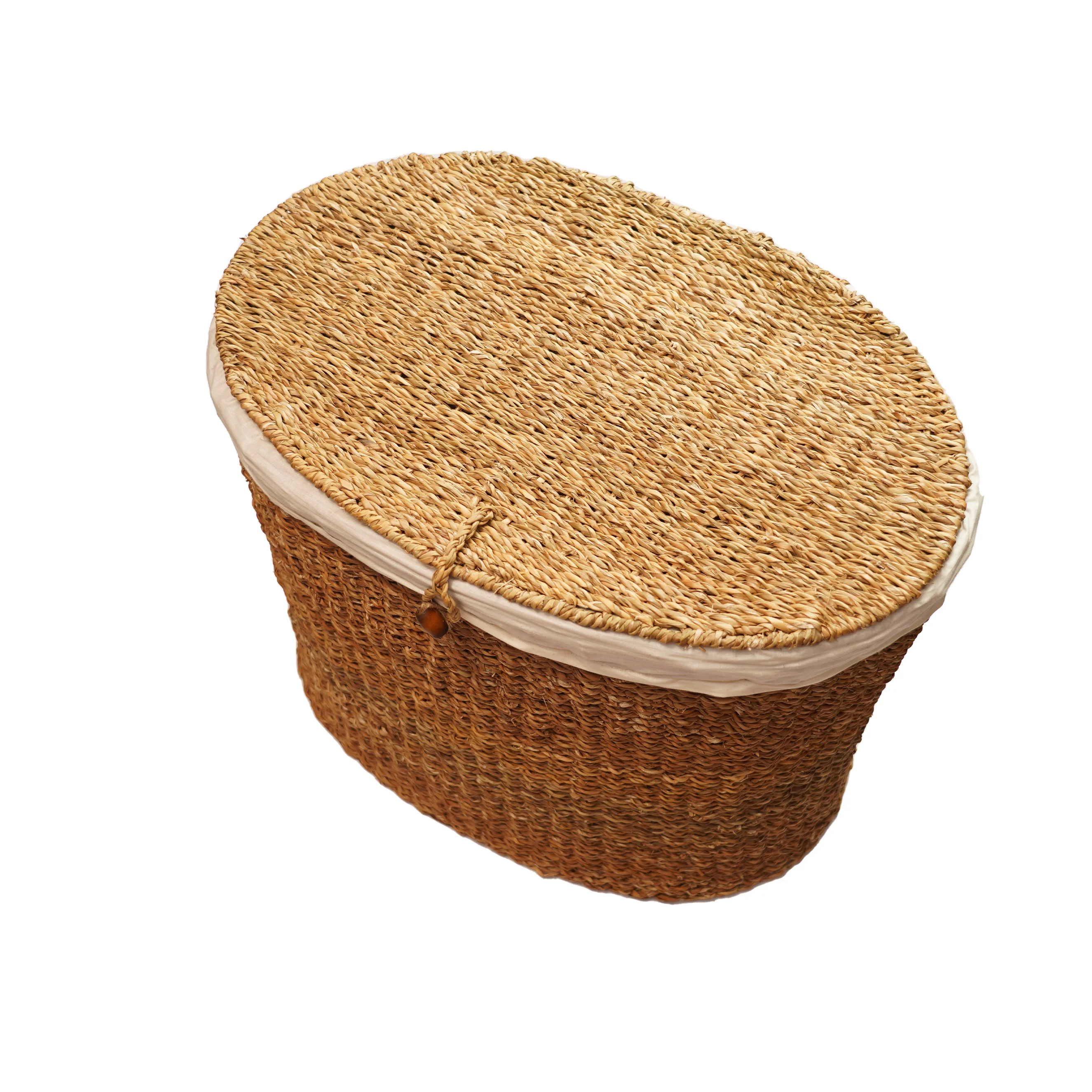 Handcrafted Natural Seagrass Oval Laundry Hamper | Woven Clothes Basket with Lid & Rem - Thumbnail 3