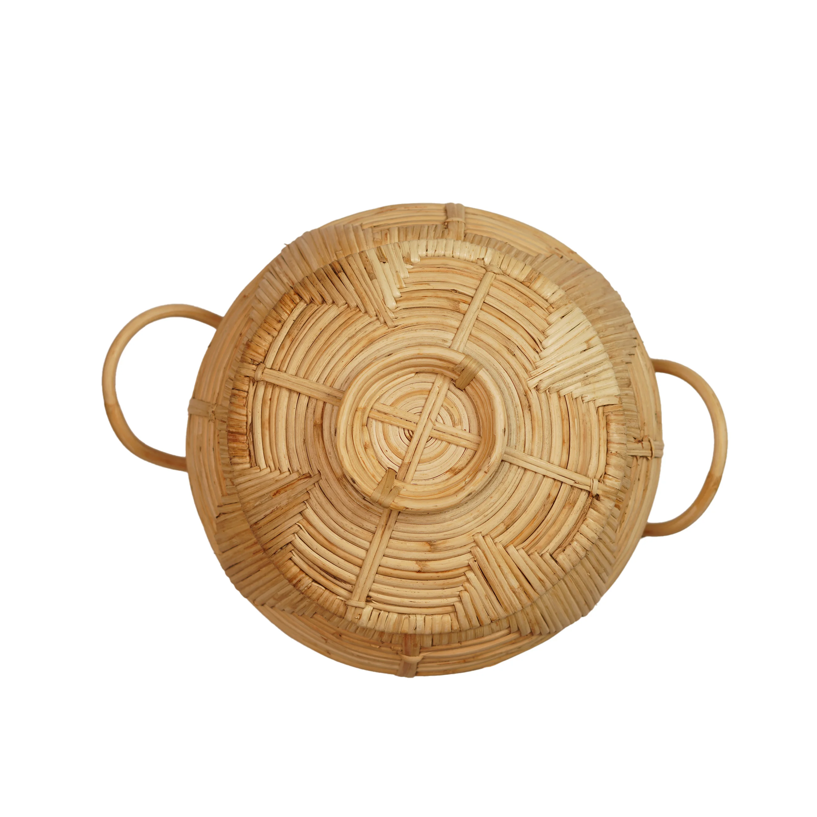 Handcrafted Cane Rattan Storage Bowl with Lid, Side Handles & Pedestal Base