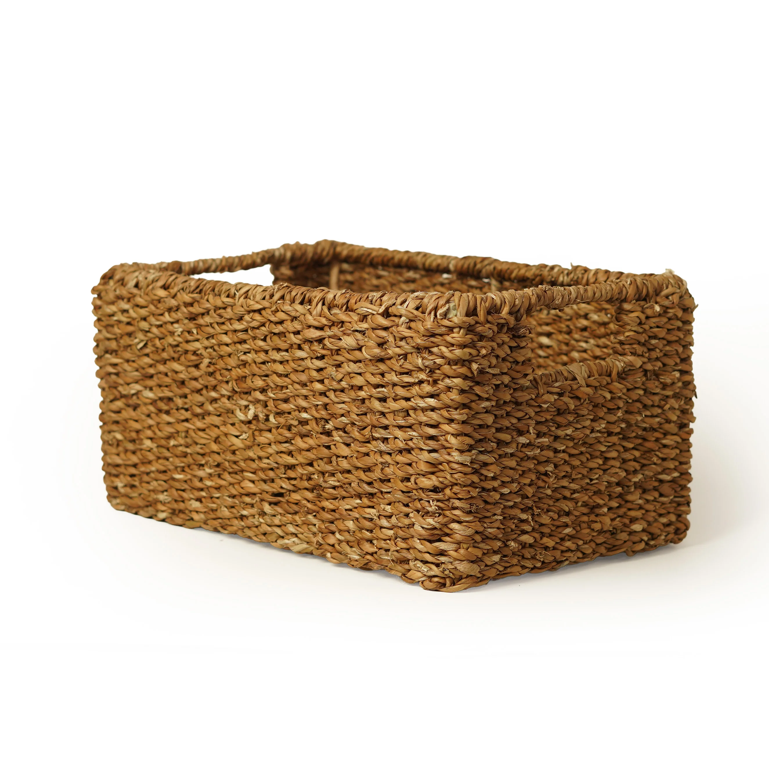 Handcrafted Natural Seagrass Rectangular Storage Basket | Woven Shelf Bin with Cutout Handles