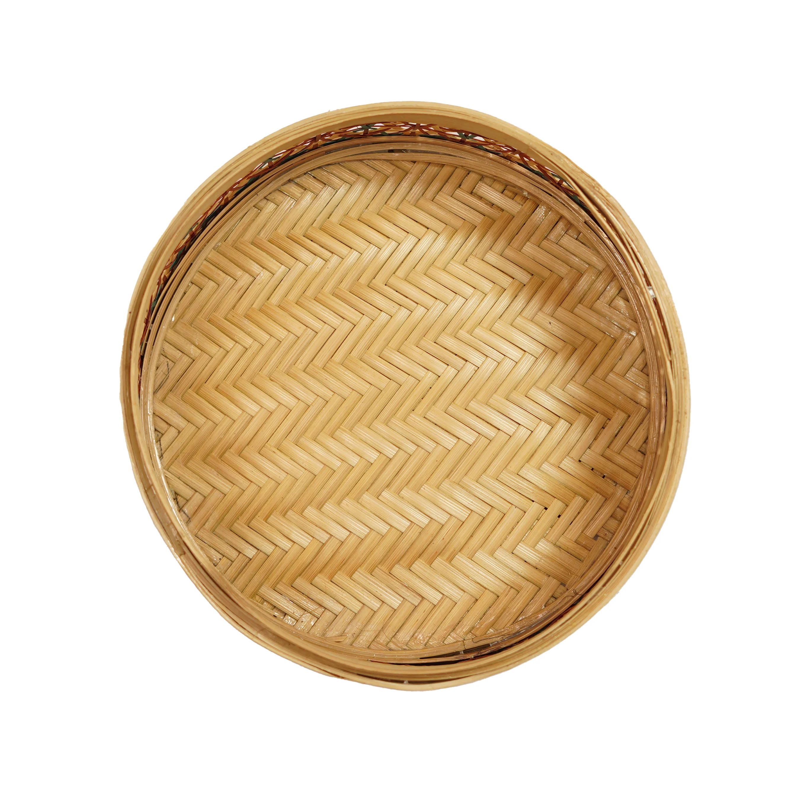 Handcrafted Geometric Patterned Bamboo Round Storage Box with Lid - Thumbnail 3