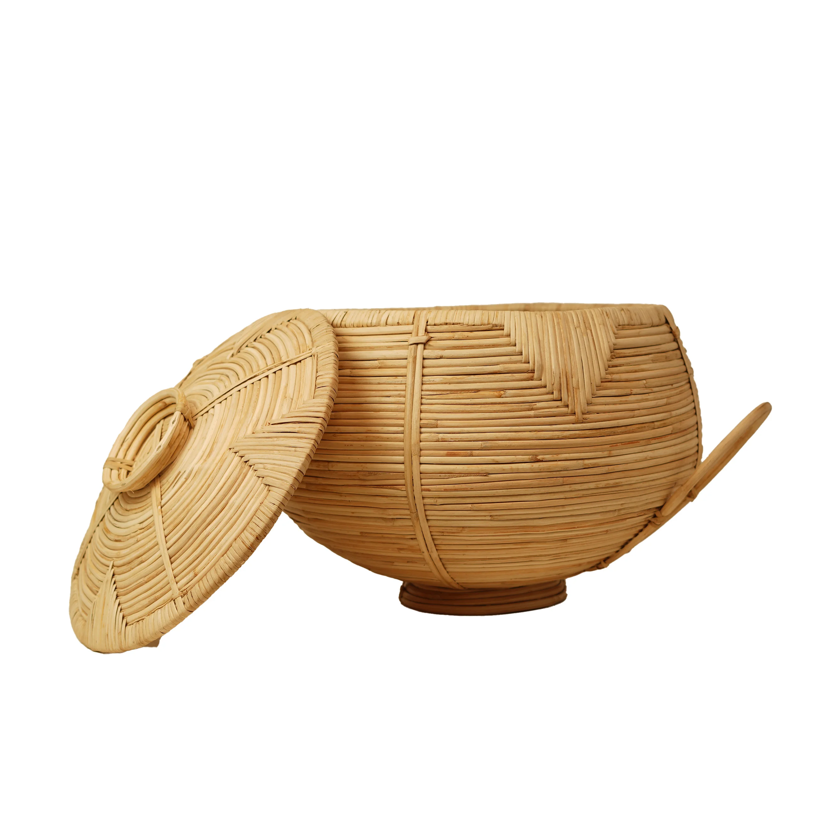 Handcrafted Cane Rattan Storage Bowl with Lid, Side Handles & Pedestal Base - Thumbnail 2