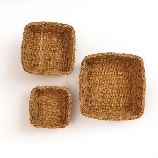 Handcrafted Natural Seagrass Square Storage Basket Set | 3-Piece Nesting Tabletop Organizer Bins