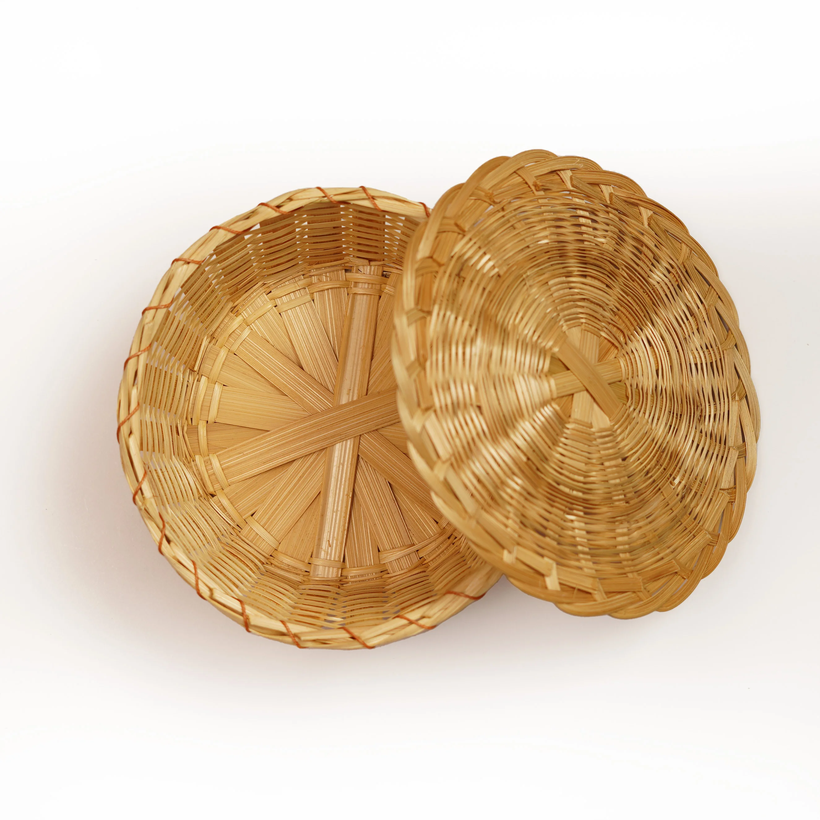 Handcrafted Natural Bamboo Round Storage Basket Box with Lid - Thumbnail 4