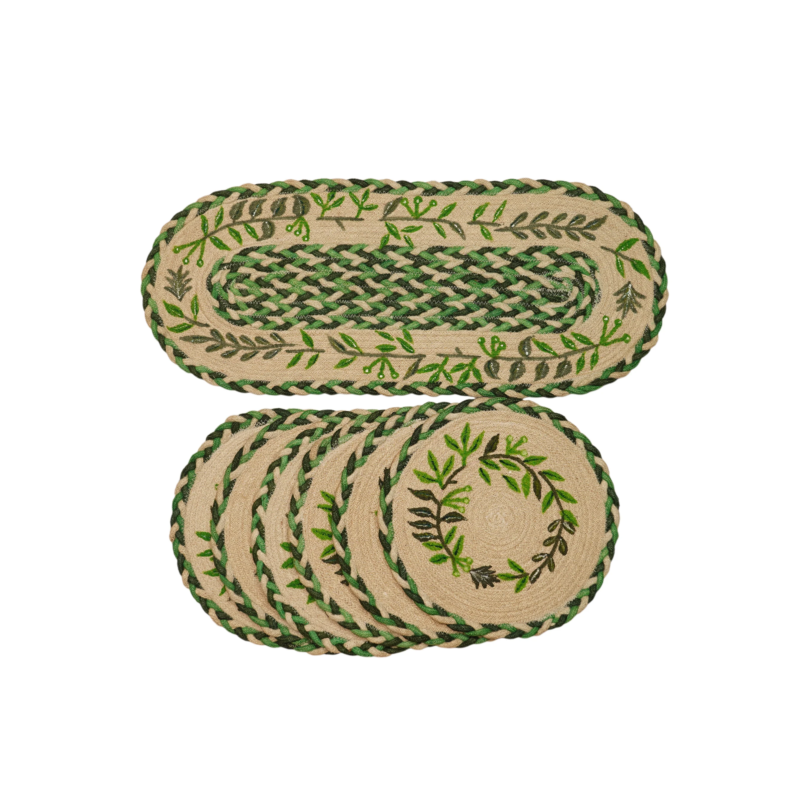 Handmade Braided Jute Dining Table Mat Set (7 Pcs) with Embroidered Botanical Leaf Design