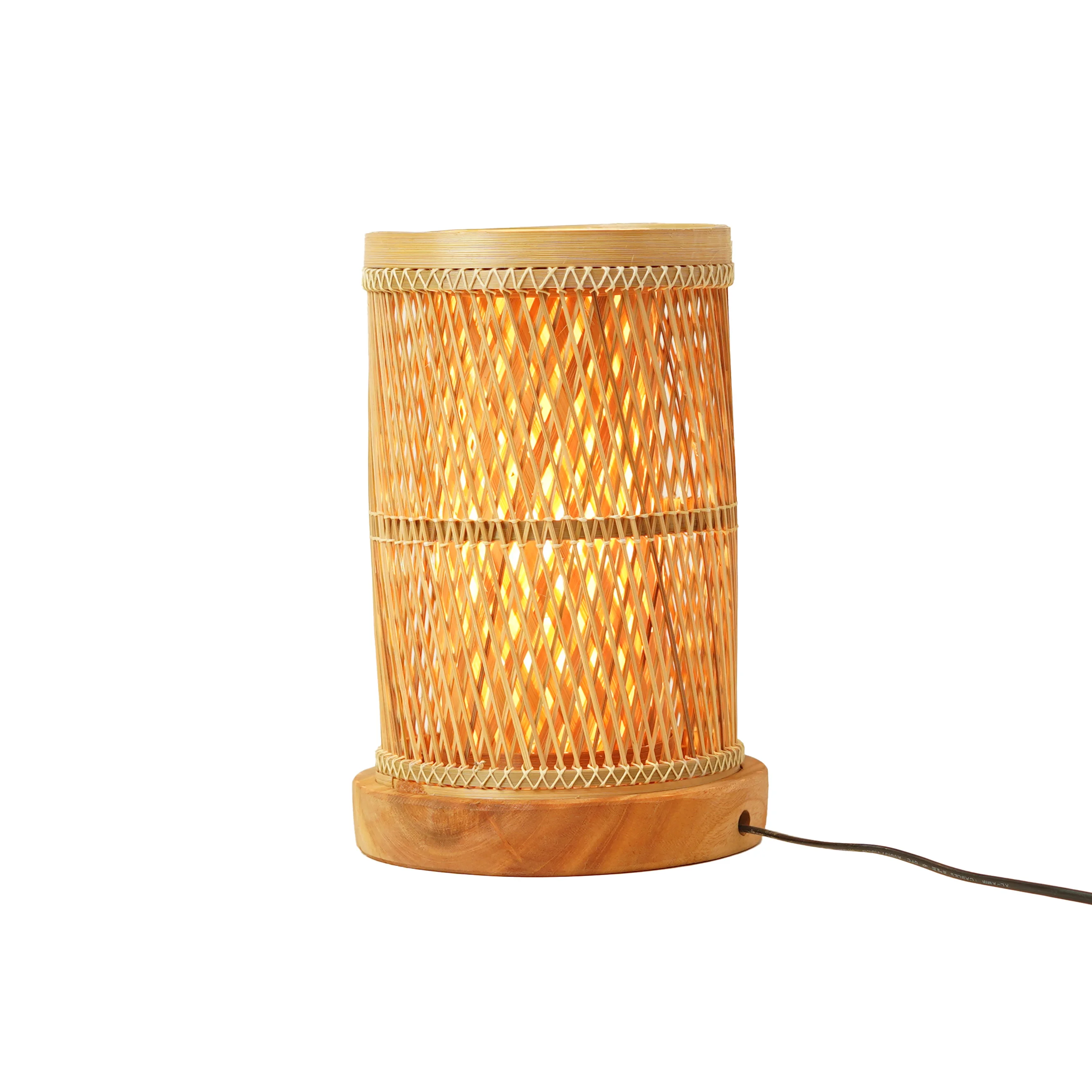 Handcrafted Small Dual-Layer Bamboo Table Lamp with Wooden Base - Woven Bedside Desk Light