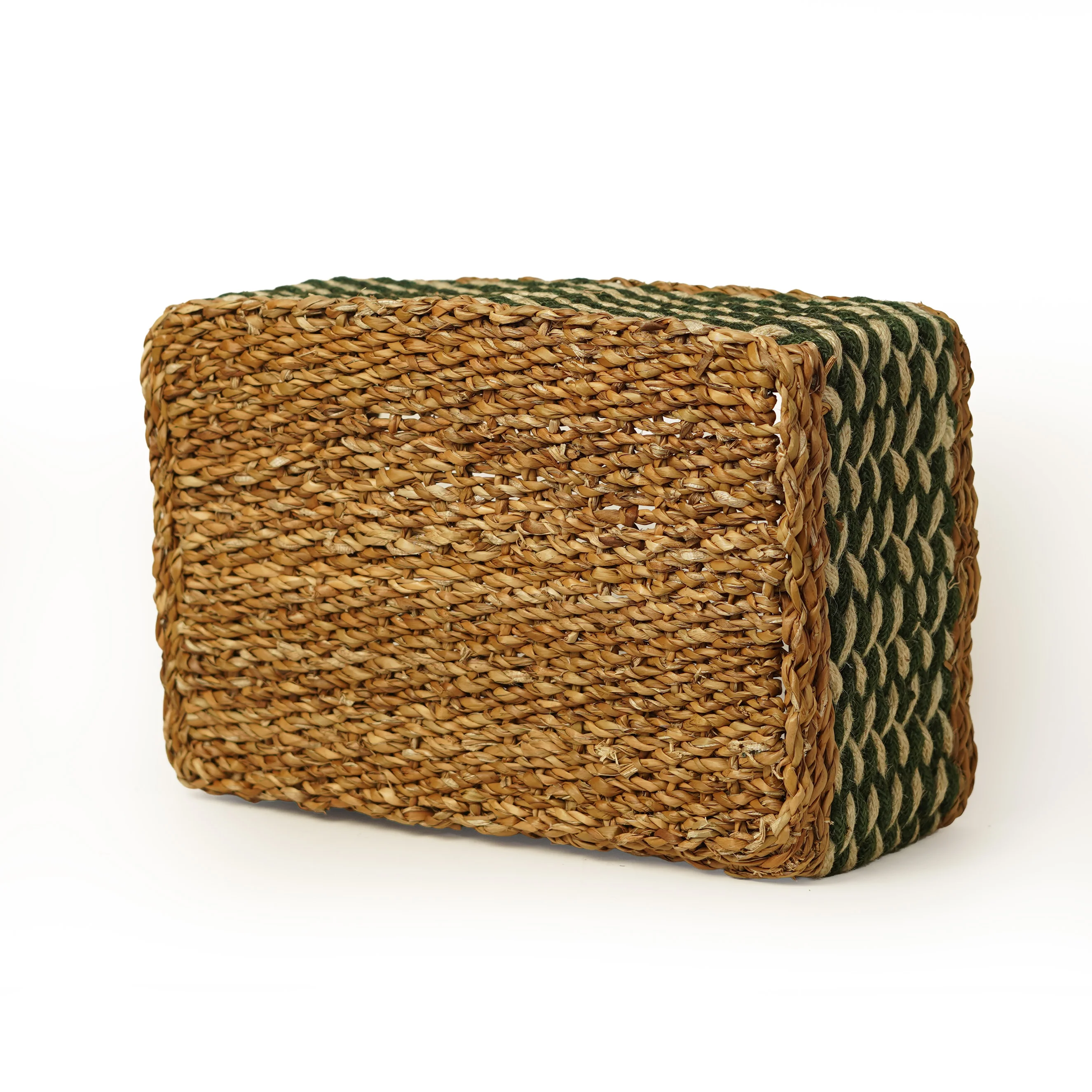 Handcrafted Seagrass & Jute Rectangular Storage Basket with Green Two-Tone Braided Pat - Thumbnail 3