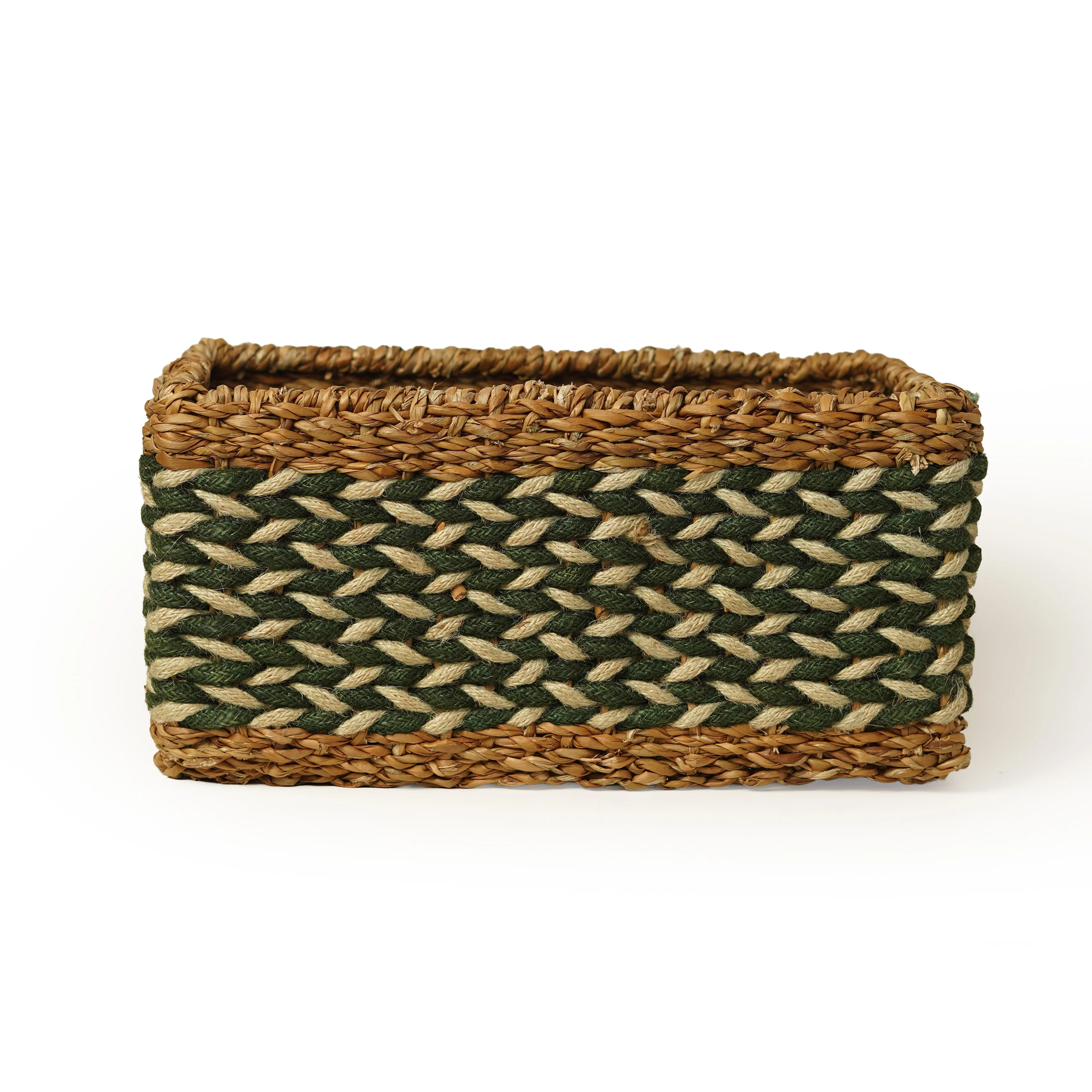 Handcrafted Seagrass & Jute Rectangular Storage Basket with Green Two-Tone Braided Pattern