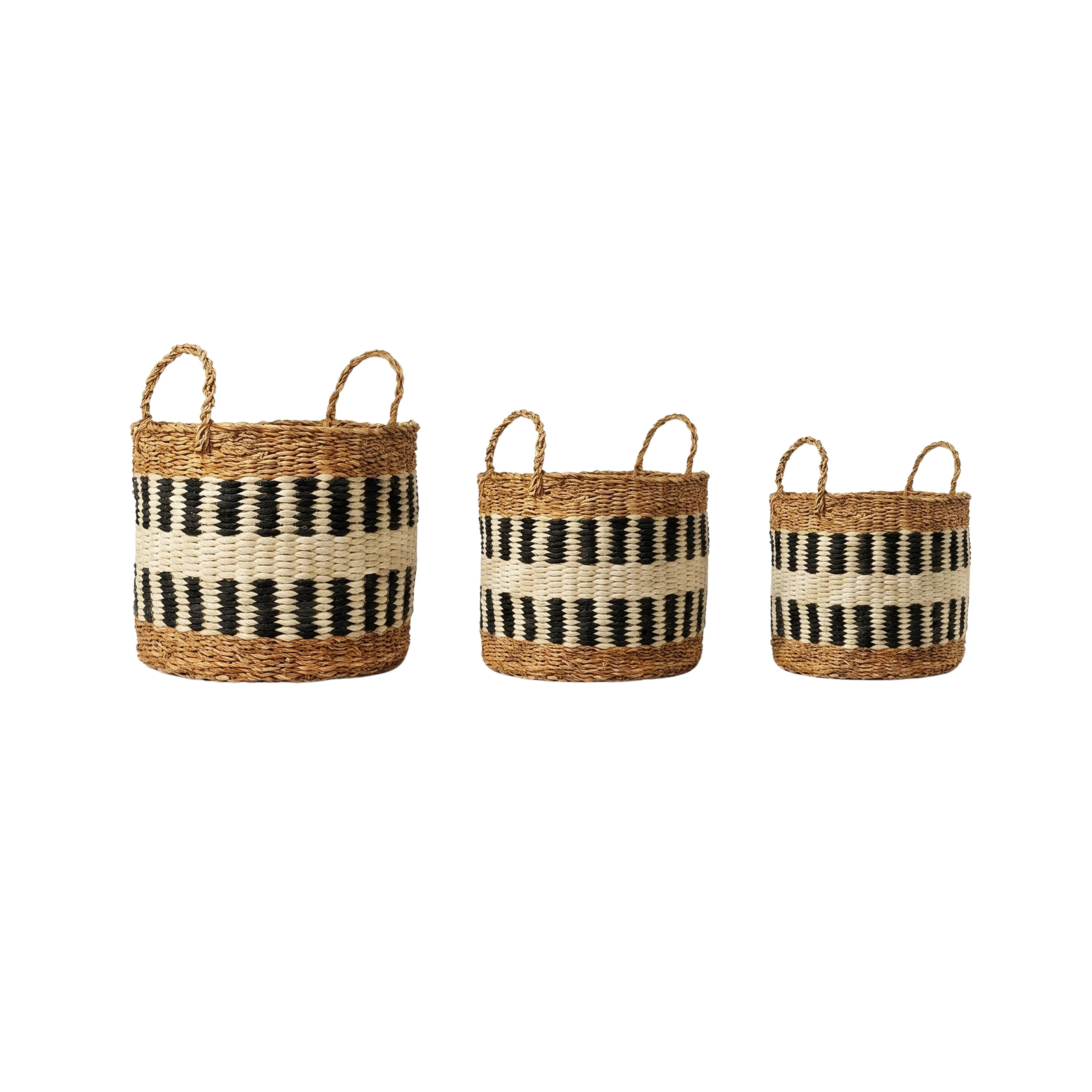 Handcrafted Seagrass & Jute Nesting Storage Basket Set of 3 with Black & White Geometr - Thumbnail 1