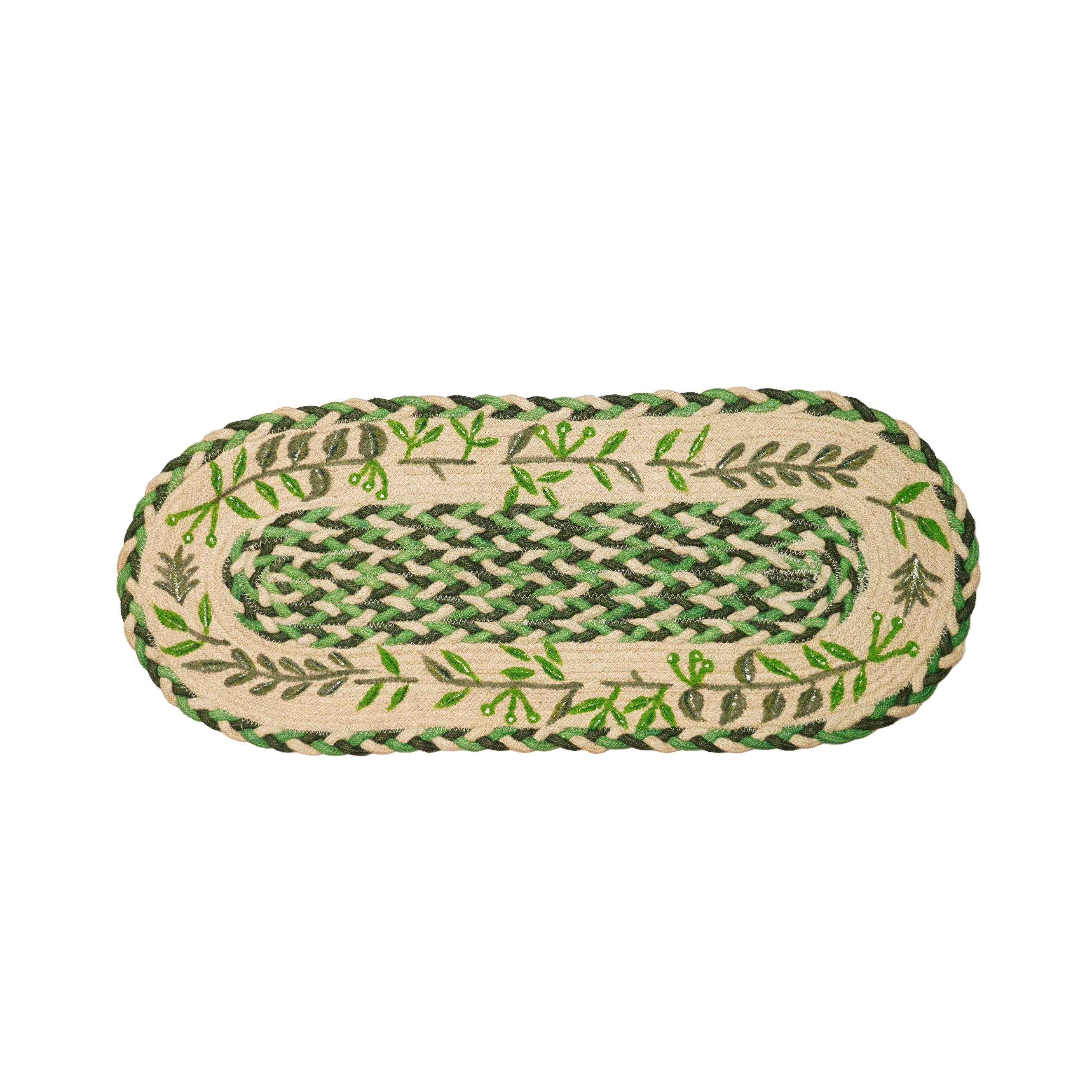Handmade Braided Jute Dining Table Mat Set (7 Pcs) with Embroidered Botanical Leaf Design
