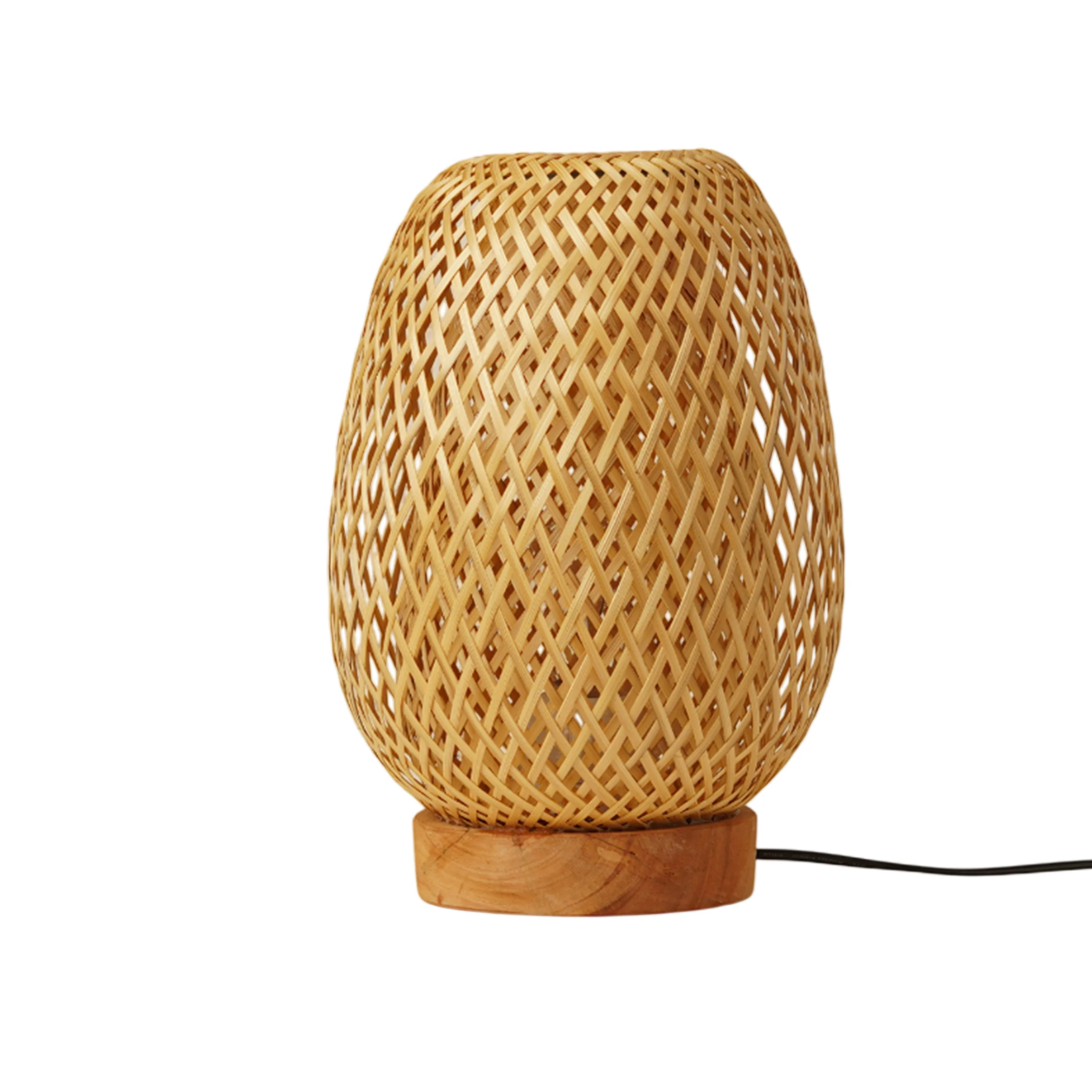 Handcrafted Bamboo Table Lamp with Wooden Base - Natural Woven Bedside Lantern Light - Thumbnail 2