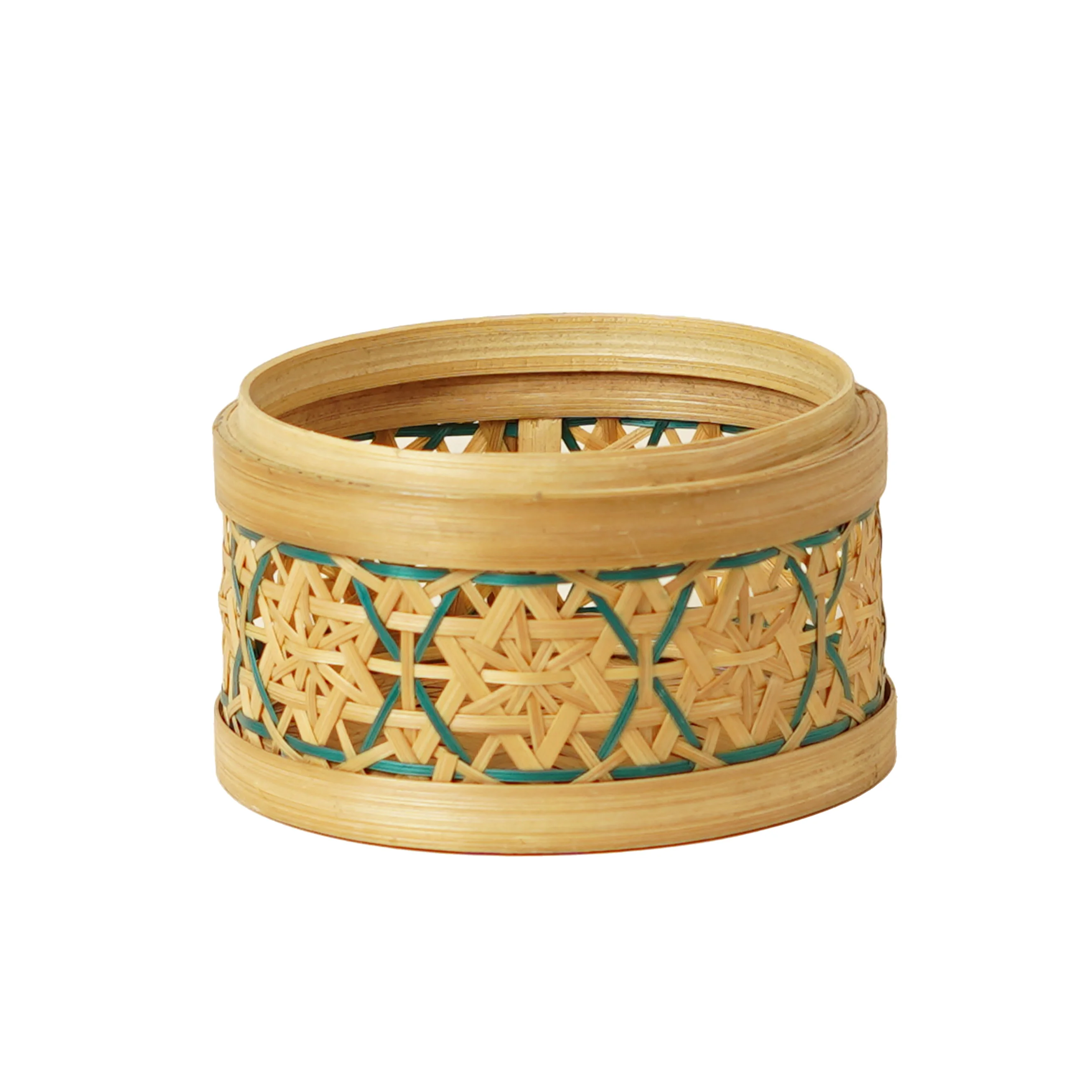 Handcrafted Green Hexagonal Star Pattern Bamboo Round Box with Lid - Thumbnail 4