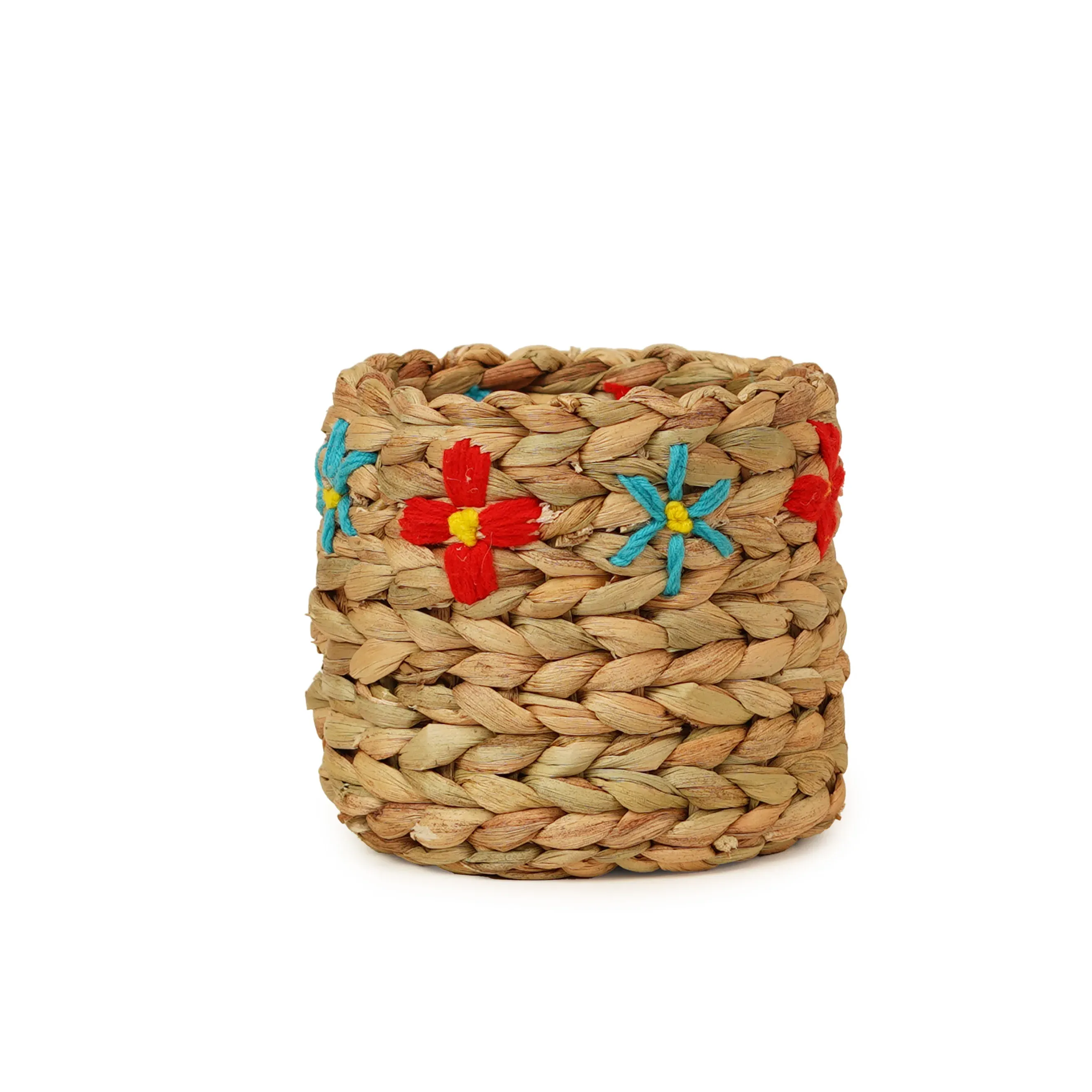 Handcrafted Water Hyacinth & Jute Pen Holder | Embroidered Desk Organizer with 4 Compartments
