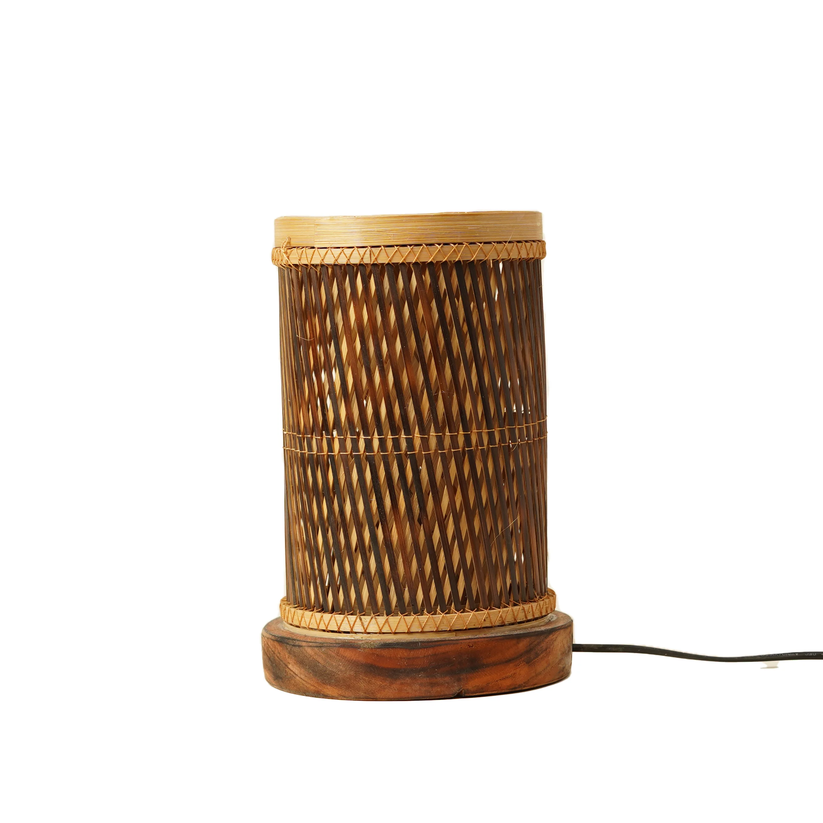 Handcrafted Small Cylinder Bamboo Table Lamp with Wooden Base - Woven Bedside Desk Lig - Thumbnail 2