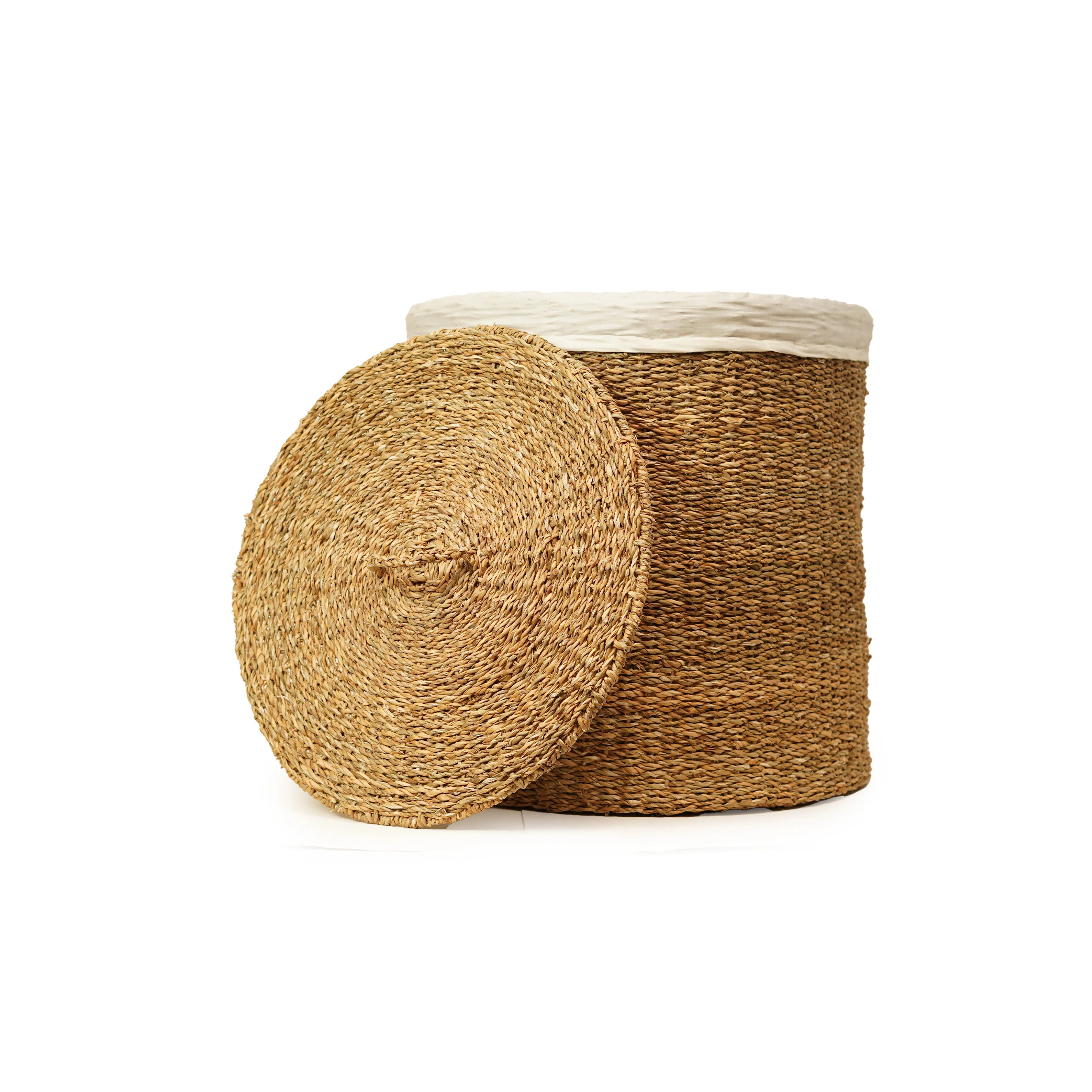 Handcrafted Natural Seagrass Round Laundry Hamper | Woven Clothes Basket with Lid & Removable Liner