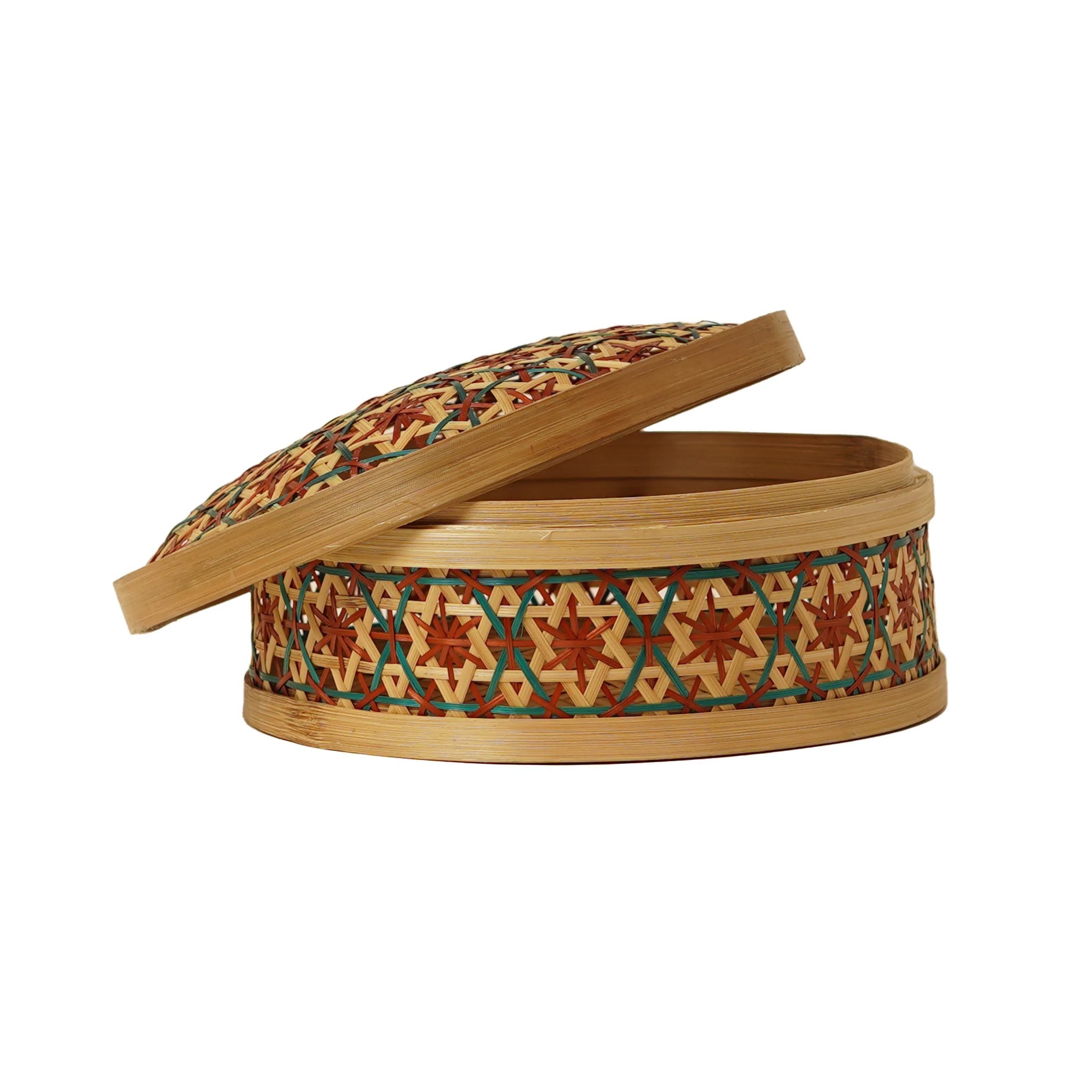 Handcrafted Geometric Patterned Bamboo Round Storage Box with Lid