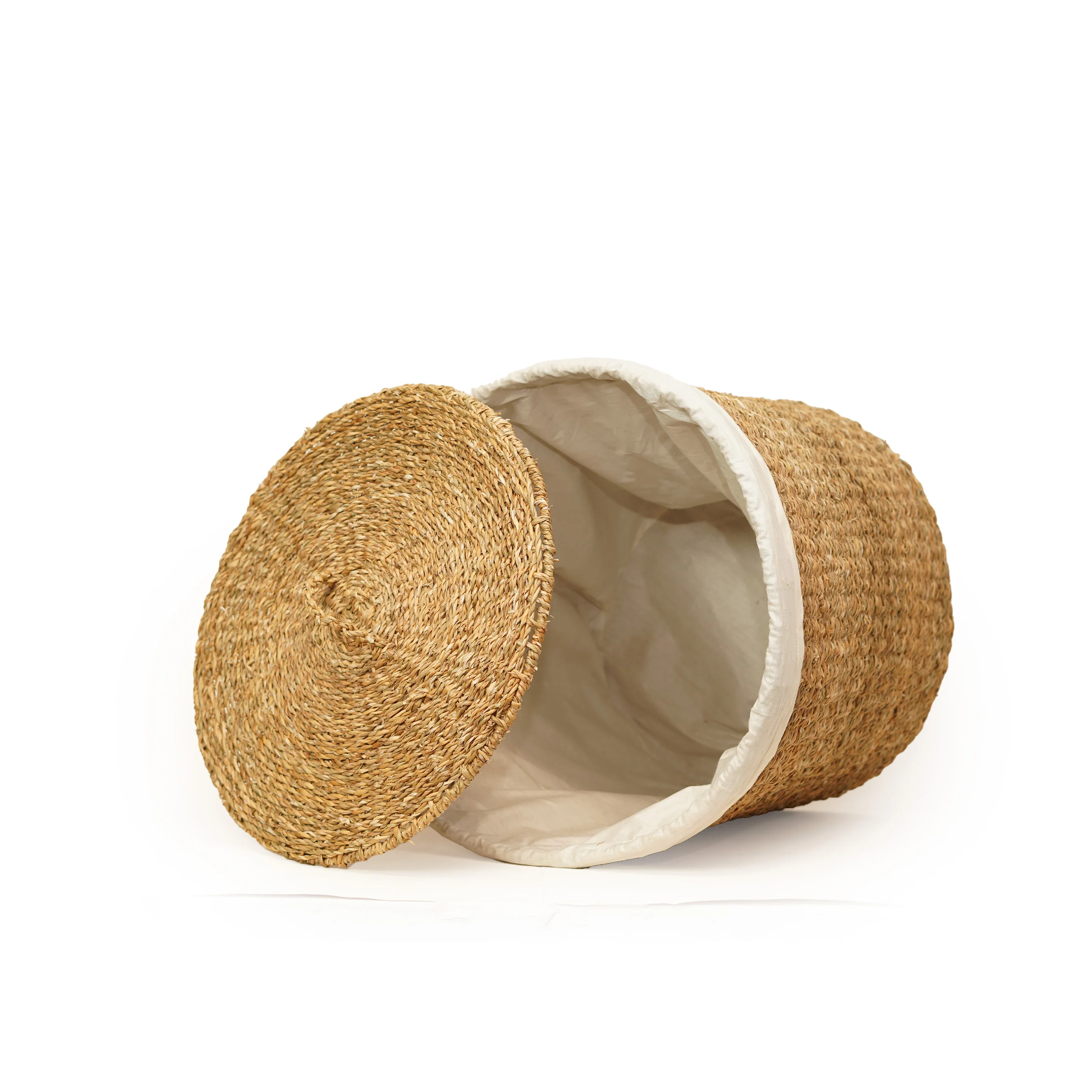 Handcrafted Natural Seagrass Round Laundry Hamper | Woven Clothes Basket with Lid & Re - Thumbnail 3