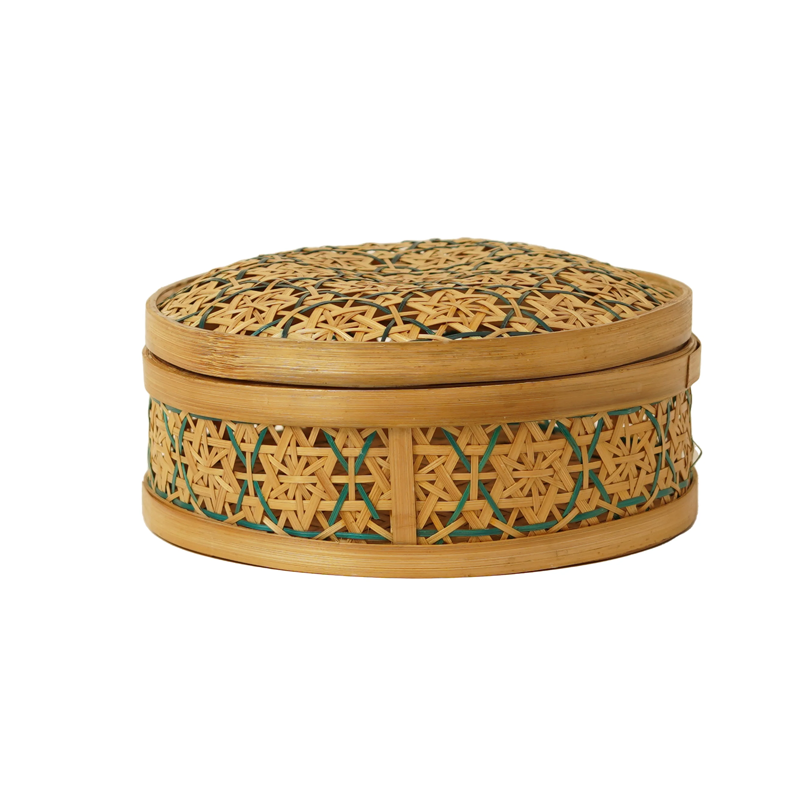 Handcrafted Green Hexagonal Star Pattern Bamboo Round Box with Lid - Thumbnail 2