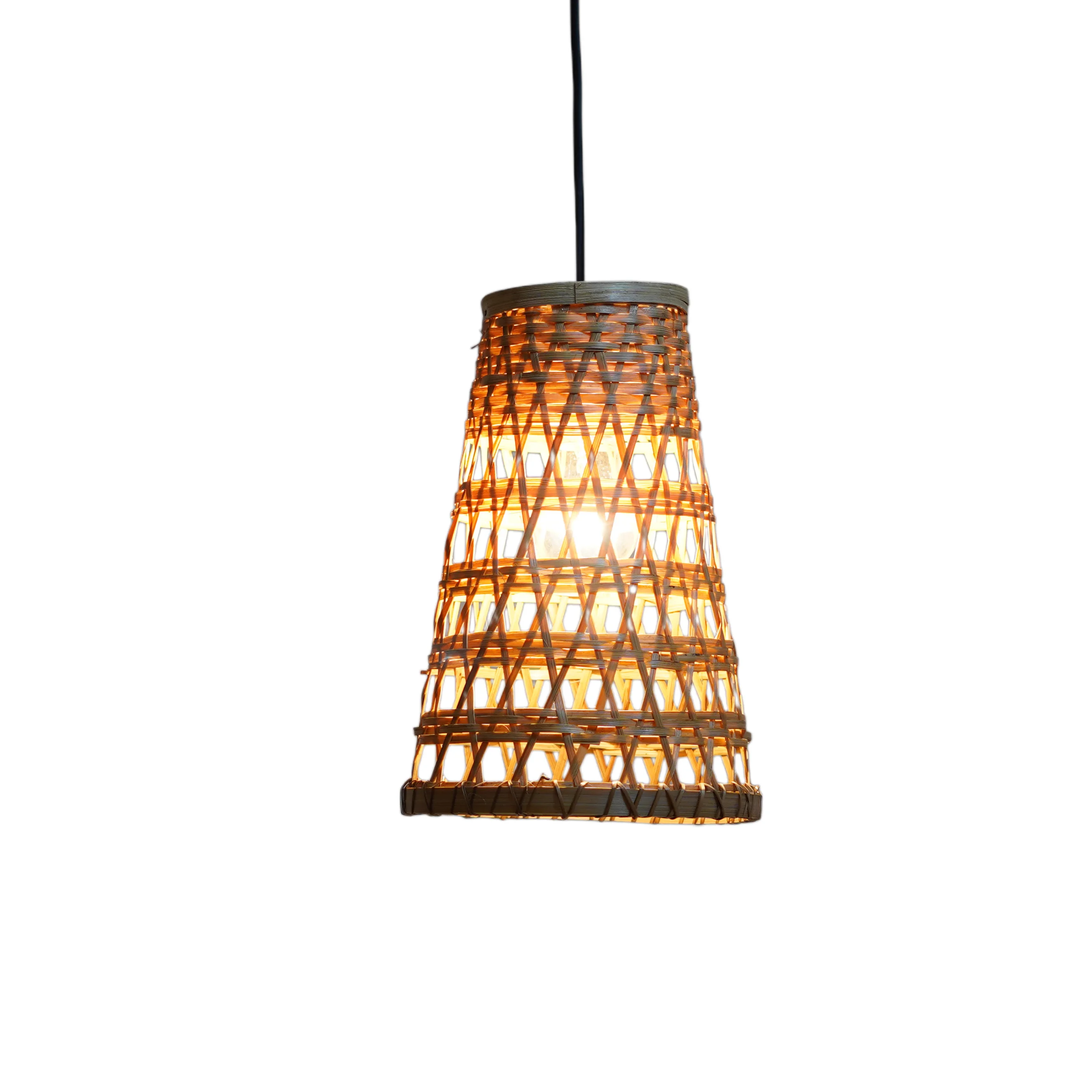 Handcrafted Conical Bamboo Pendant Light - Star Weave Open Lattice Lamp Shade
