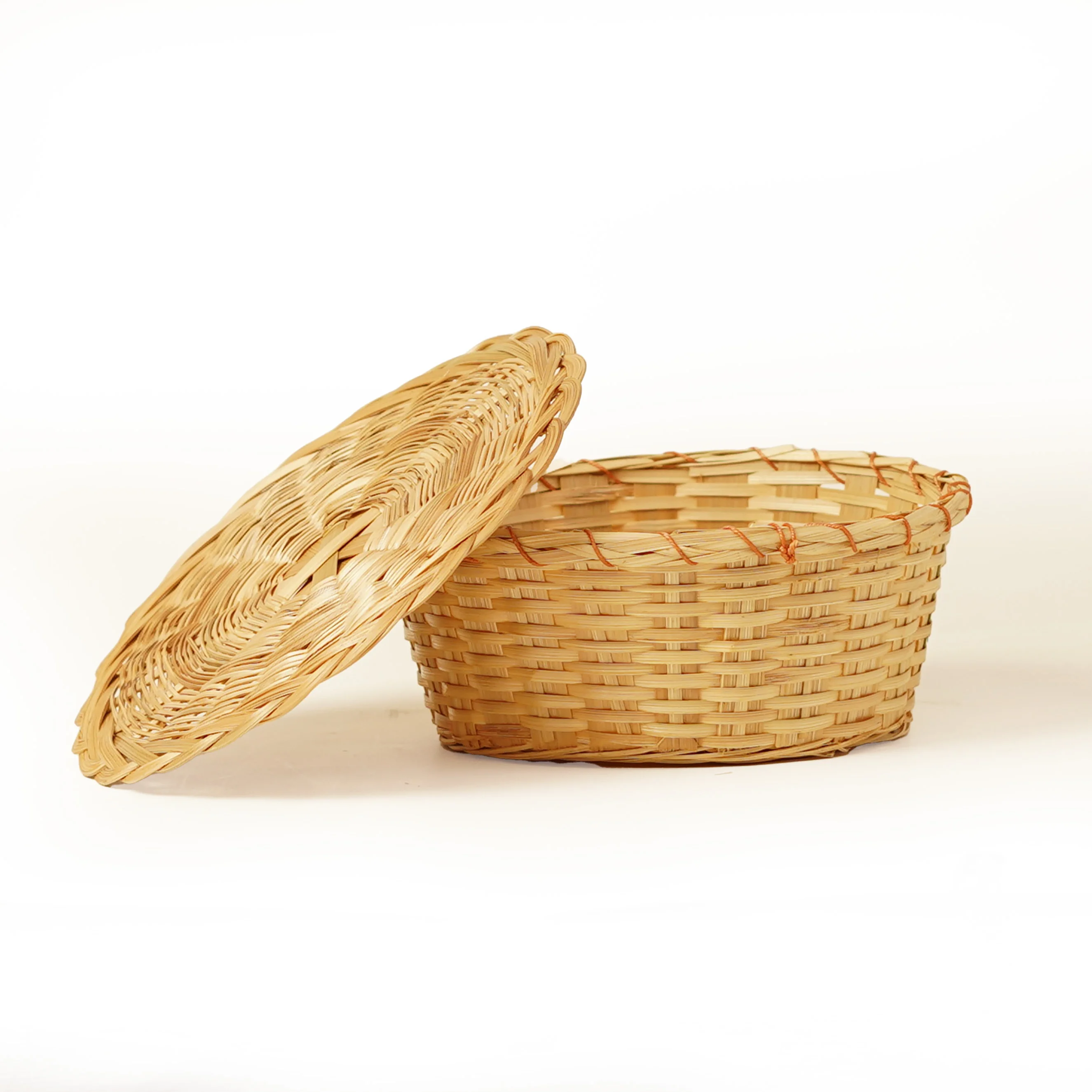 Handcrafted Natural Bamboo Round Storage Basket Box with Lid
