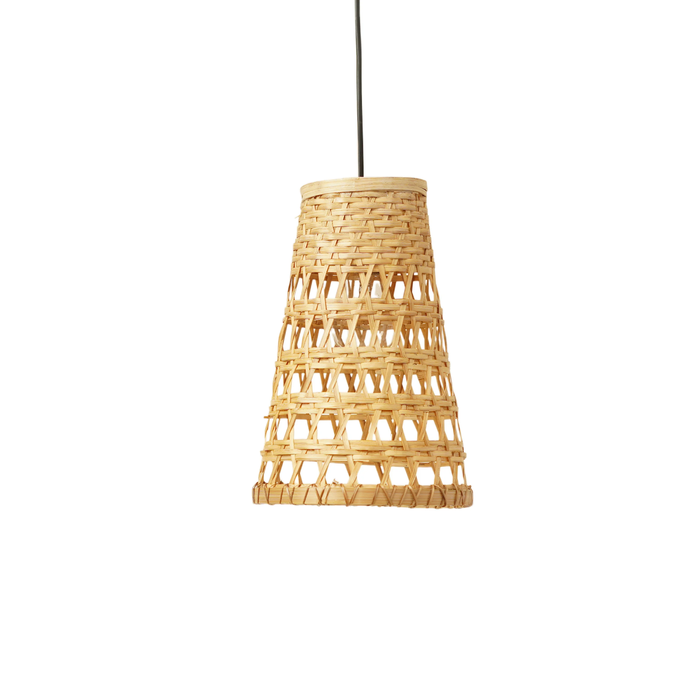 Handcrafted Conical Bamboo Pendant Light - Star Weave Open Lattice Lamp Shade - Thumbnail 2