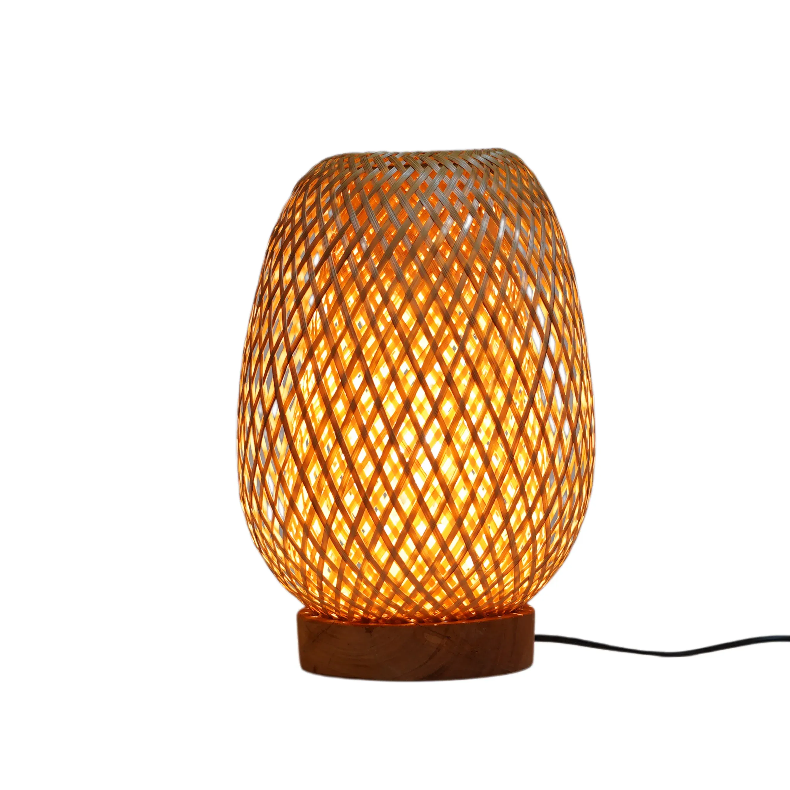 Handcrafted Bamboo Table Lamp with Wooden Base - Natural Woven Bedside Lantern Light