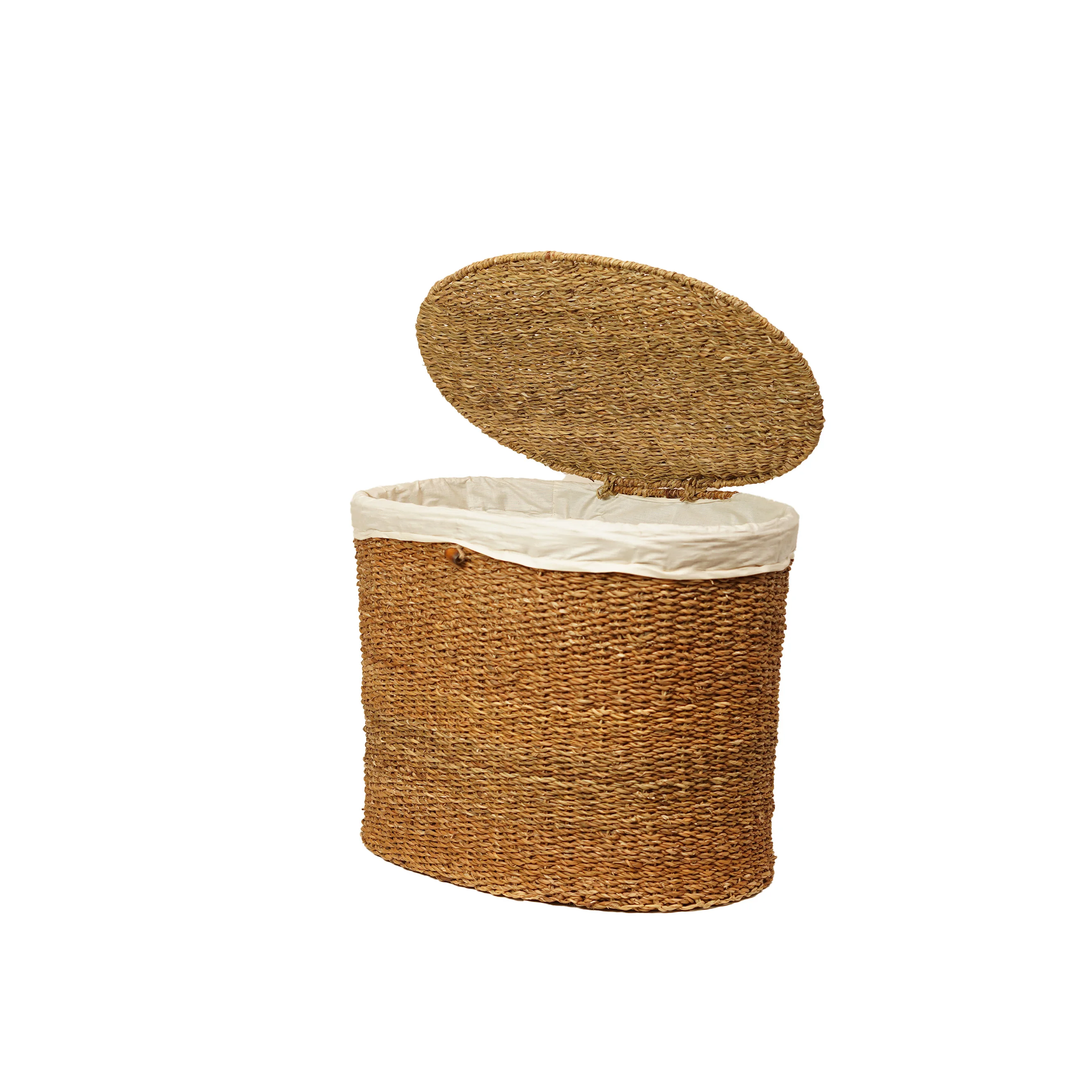 Handcrafted Natural Seagrass Oval Laundry Hamper | Woven Clothes Basket with Lid & Rem - Thumbnail 2