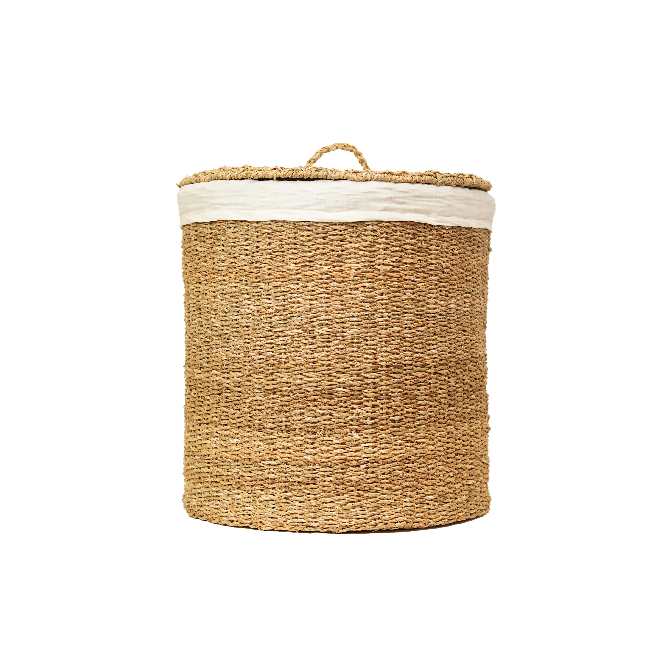 Handcrafted Natural Seagrass Round Laundry Hamper | Woven Clothes Basket with Lid & Re - Thumbnail 1