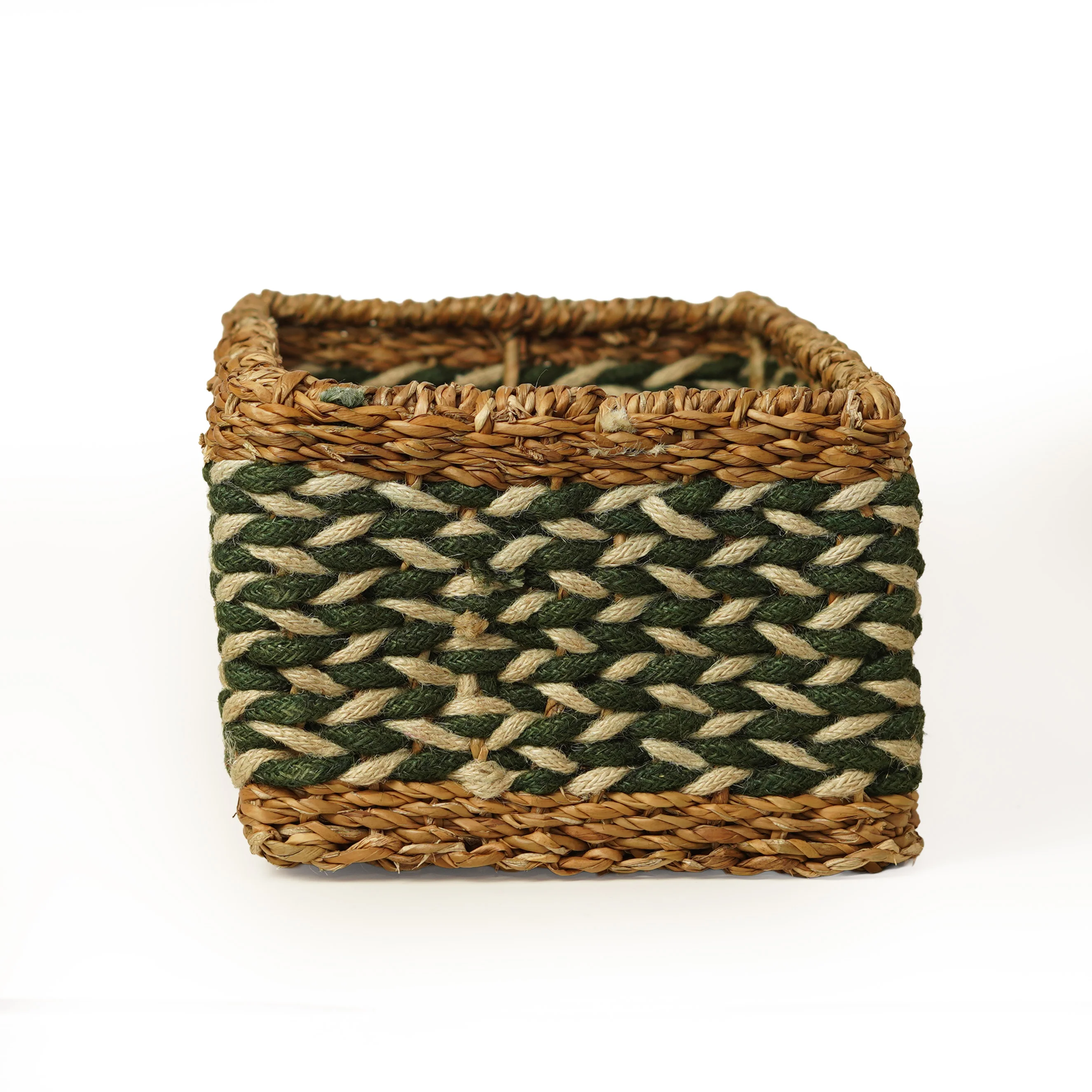 Handcrafted Seagrass & Jute Rectangular Storage Basket with Green Two-Tone Braided Pat - Thumbnail 2