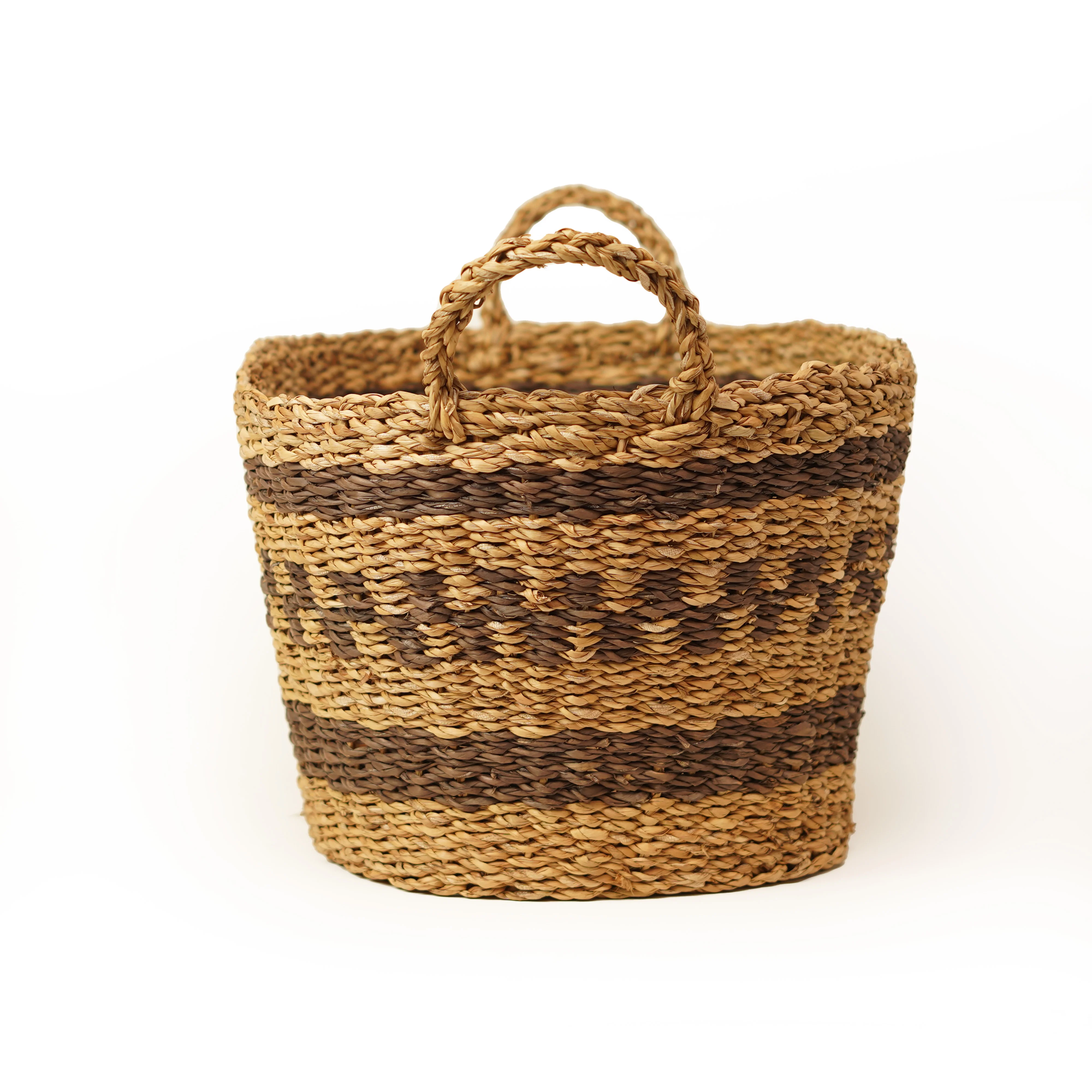 Handcrafted Natural Seagrass Oval Laundry Basket | Two-Tone Woven Storage Hamper with - Thumbnail 3
