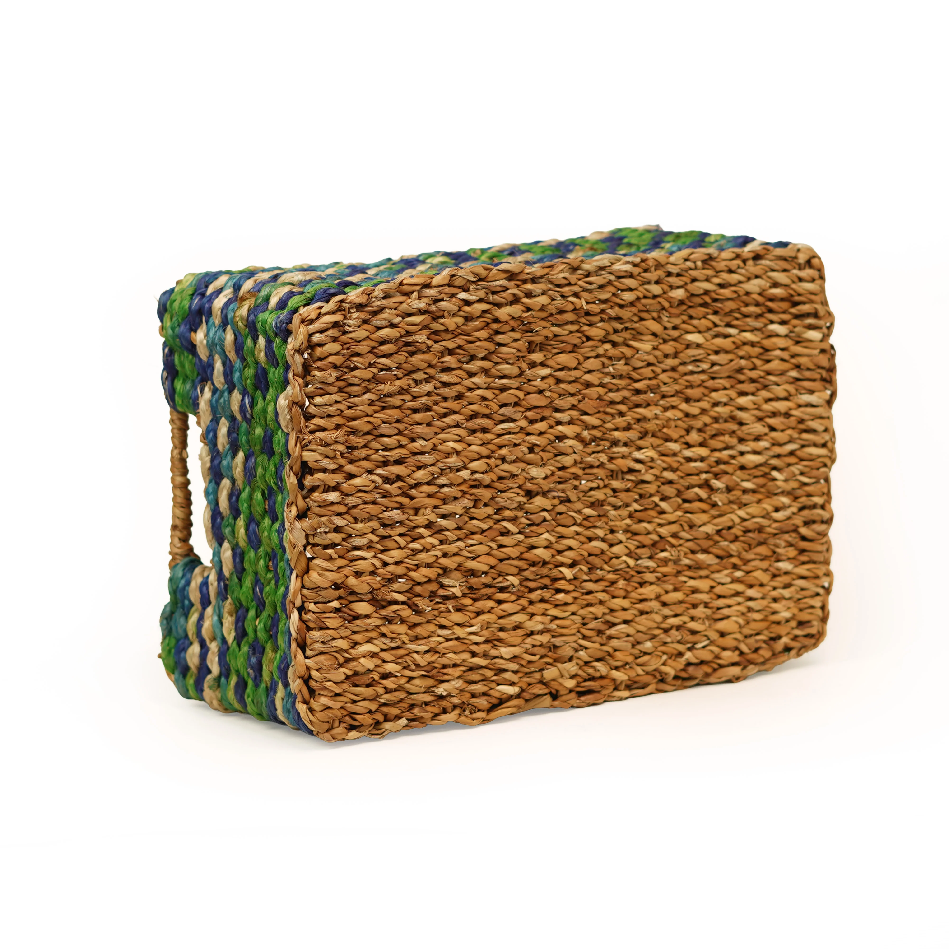 Handcrafted Seagrass & Jute Rectangular Storage Bin with Cutout Handles & Multi-Color Weave