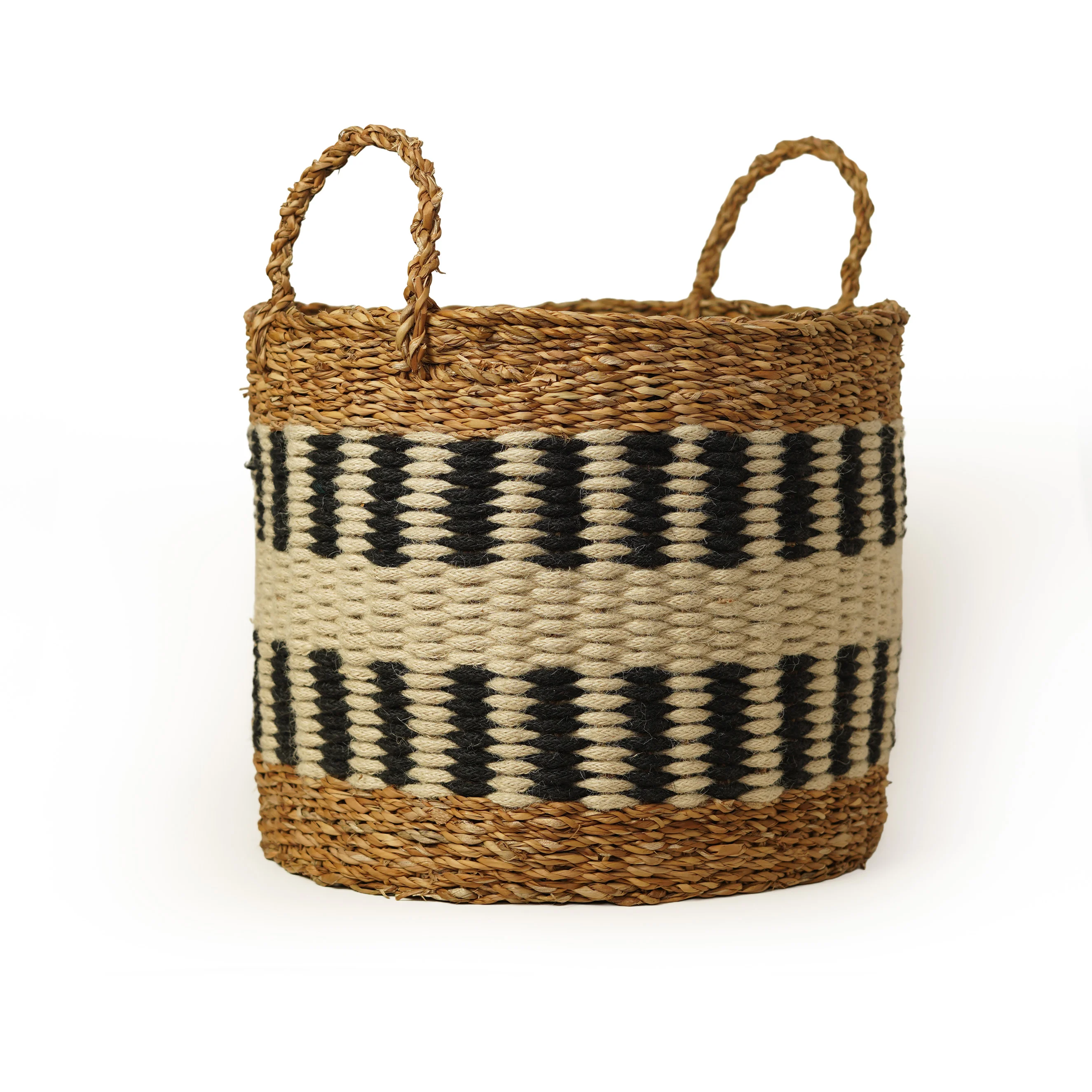 Handcrafted Seagrass & Jute Nesting Storage Basket Set of 3 with Black & White Geometr - Thumbnail 2