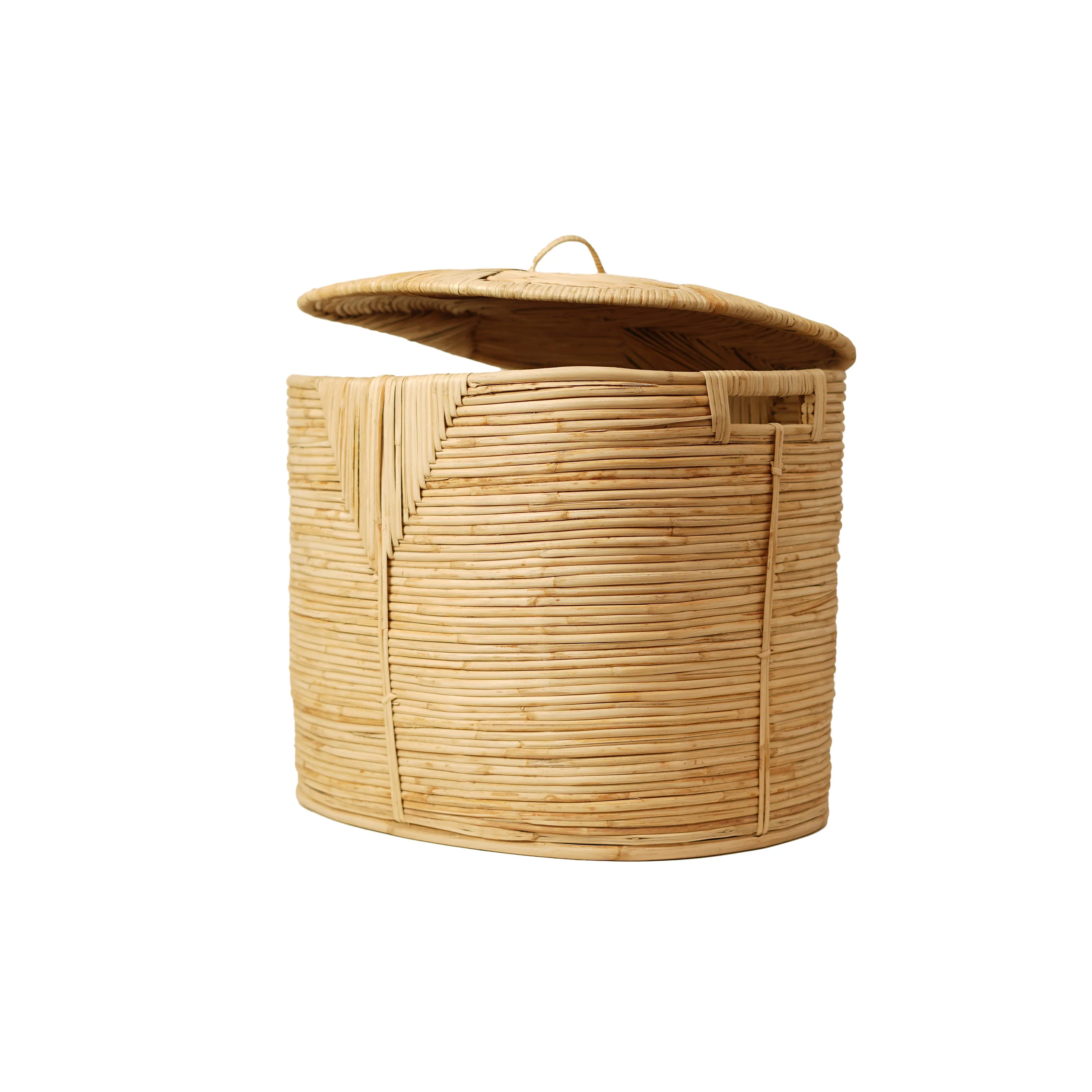 Handcrafted Natural Cane & Rattan Oval Laundry Hamper Basket with Lid