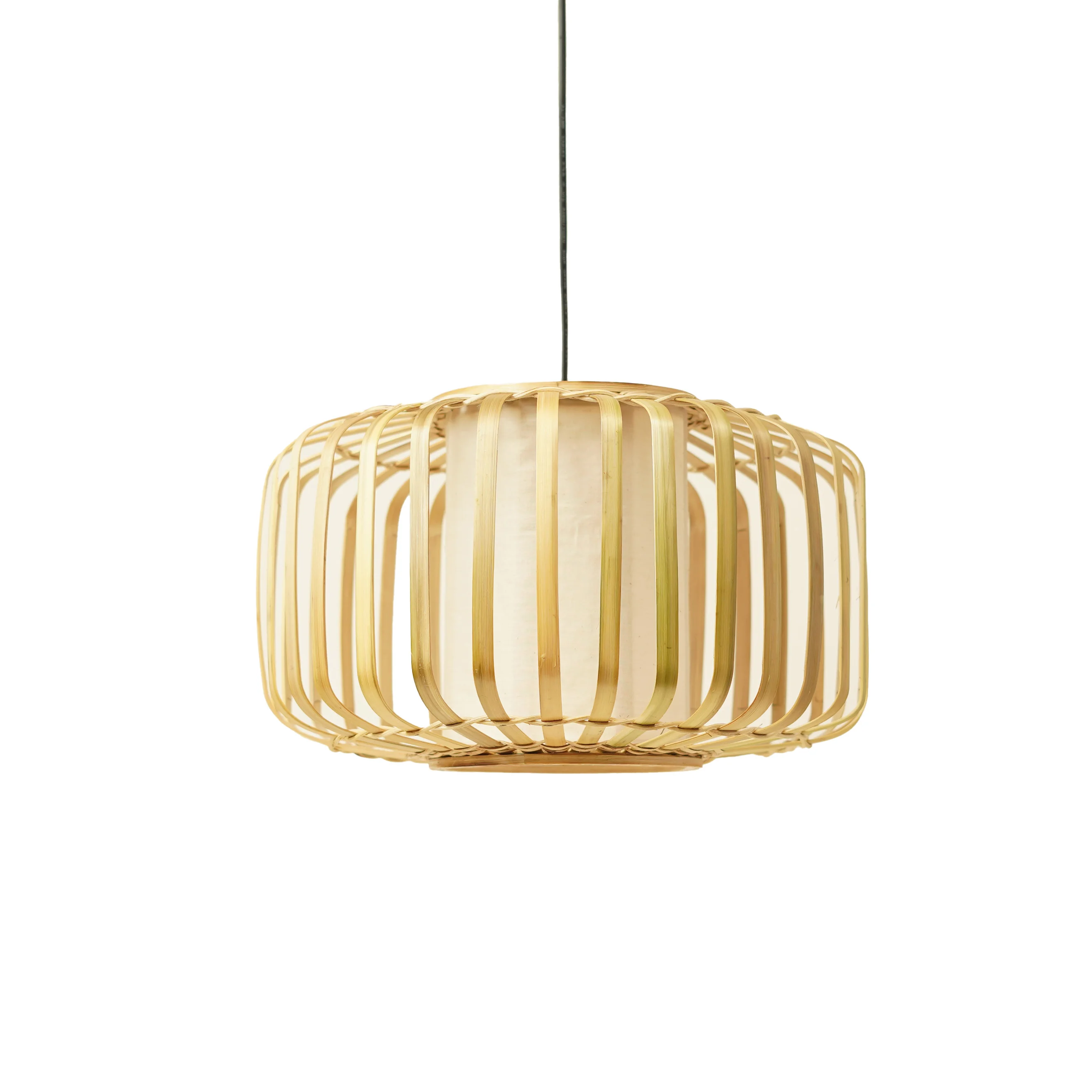 Modern Japandi Bamboo Pendant Light - Handcrafted Drum Lamp Shade with Fabric Diffuser