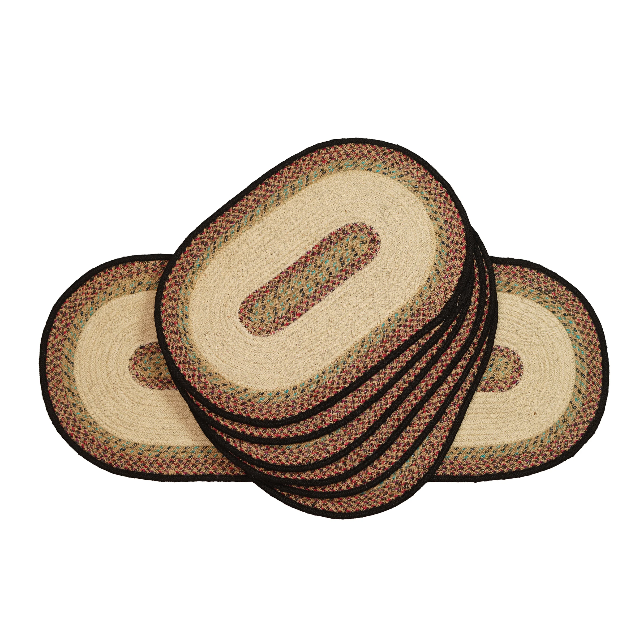 Handmade Braided Jute Dining Table Mat Set (7 Pcs) with Multi-Color Oval Runner and Oval Placemats