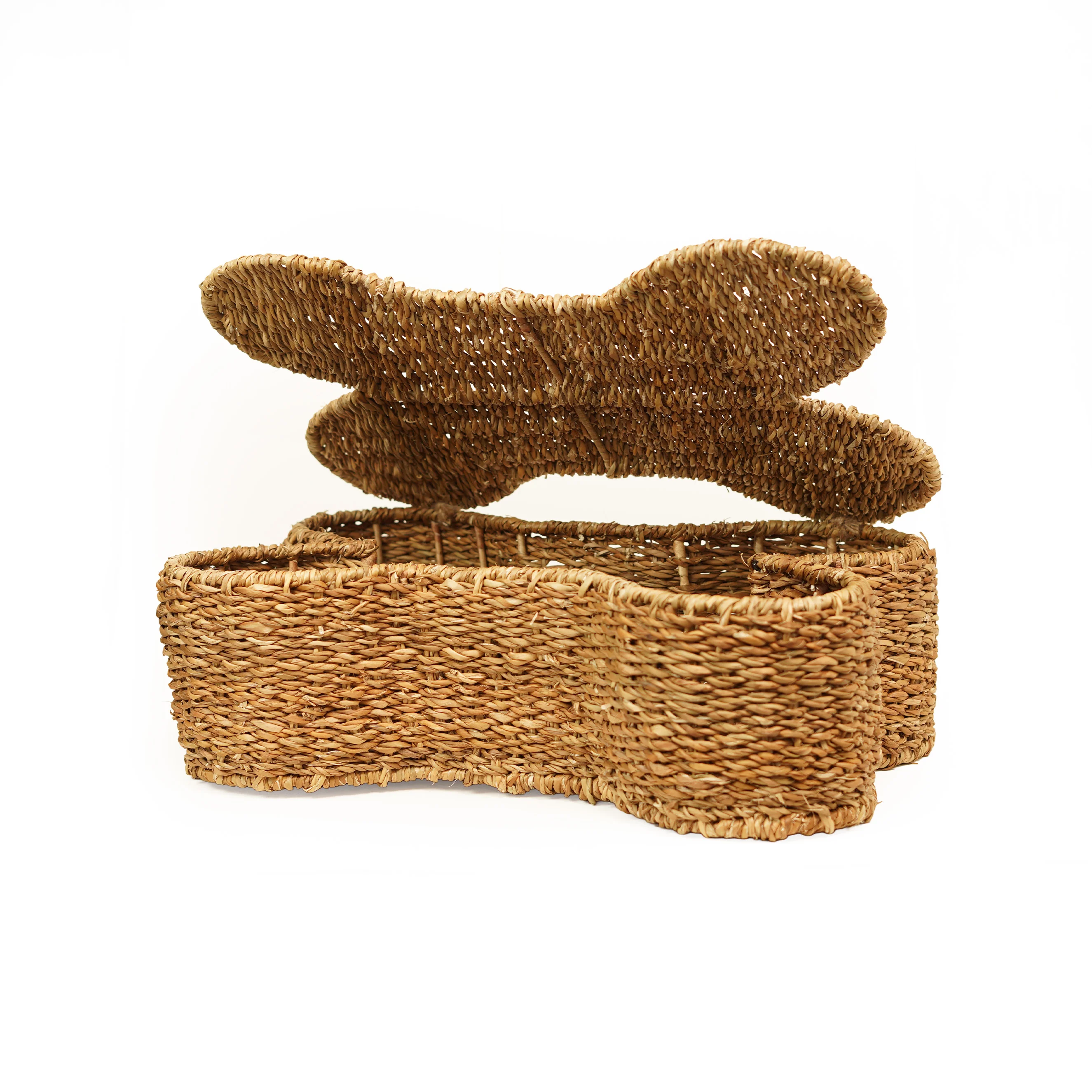 Handwoven Eco-Friendly Natural Seagrass Dog Bone Shaped Toy Storage Basket with Lid Heavy-Duty Pet Supplies Organizer Box