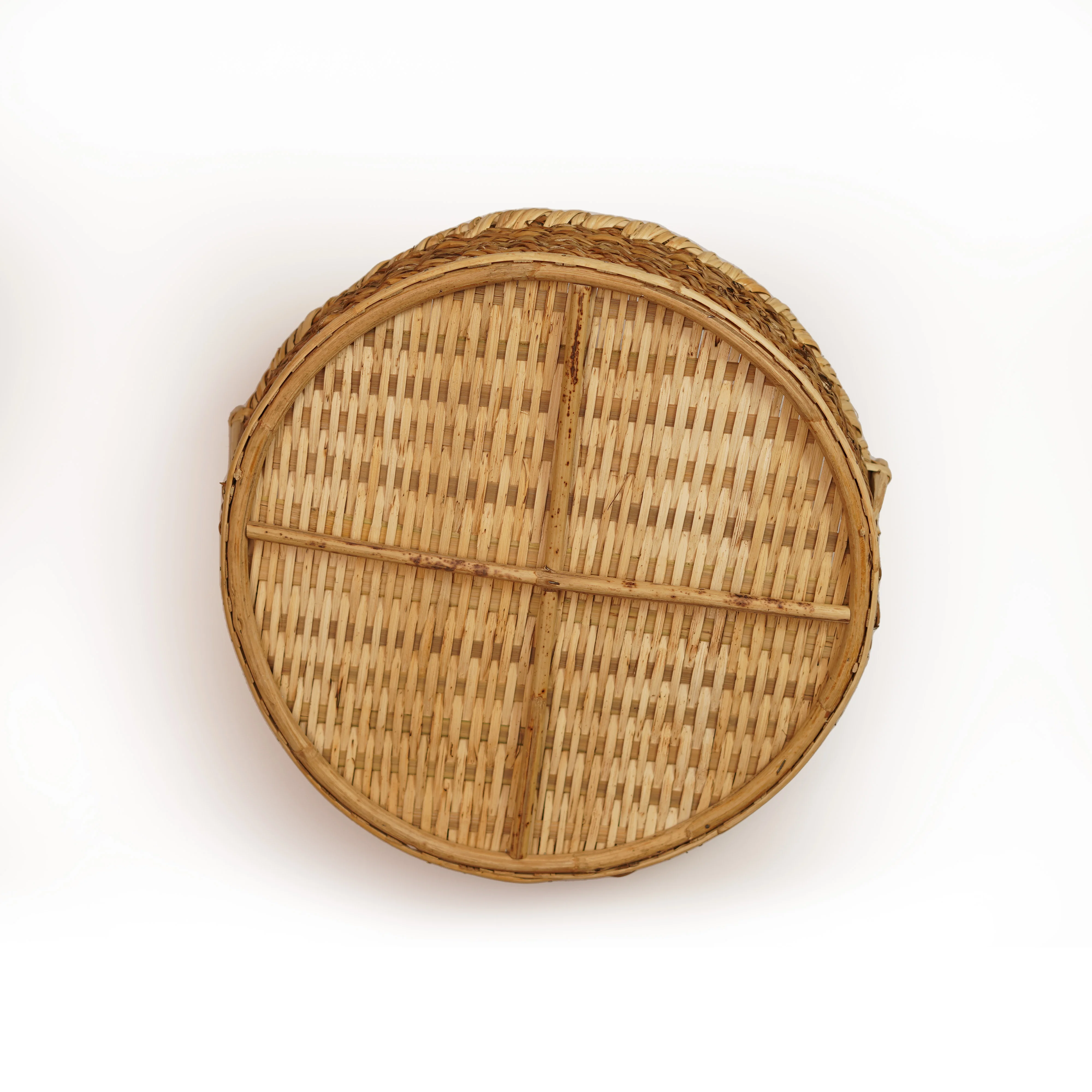 Handcrafted Seagrass & Cane Rattan Round Serving Tray Basket with High Loop Handles - Thumbnail 4