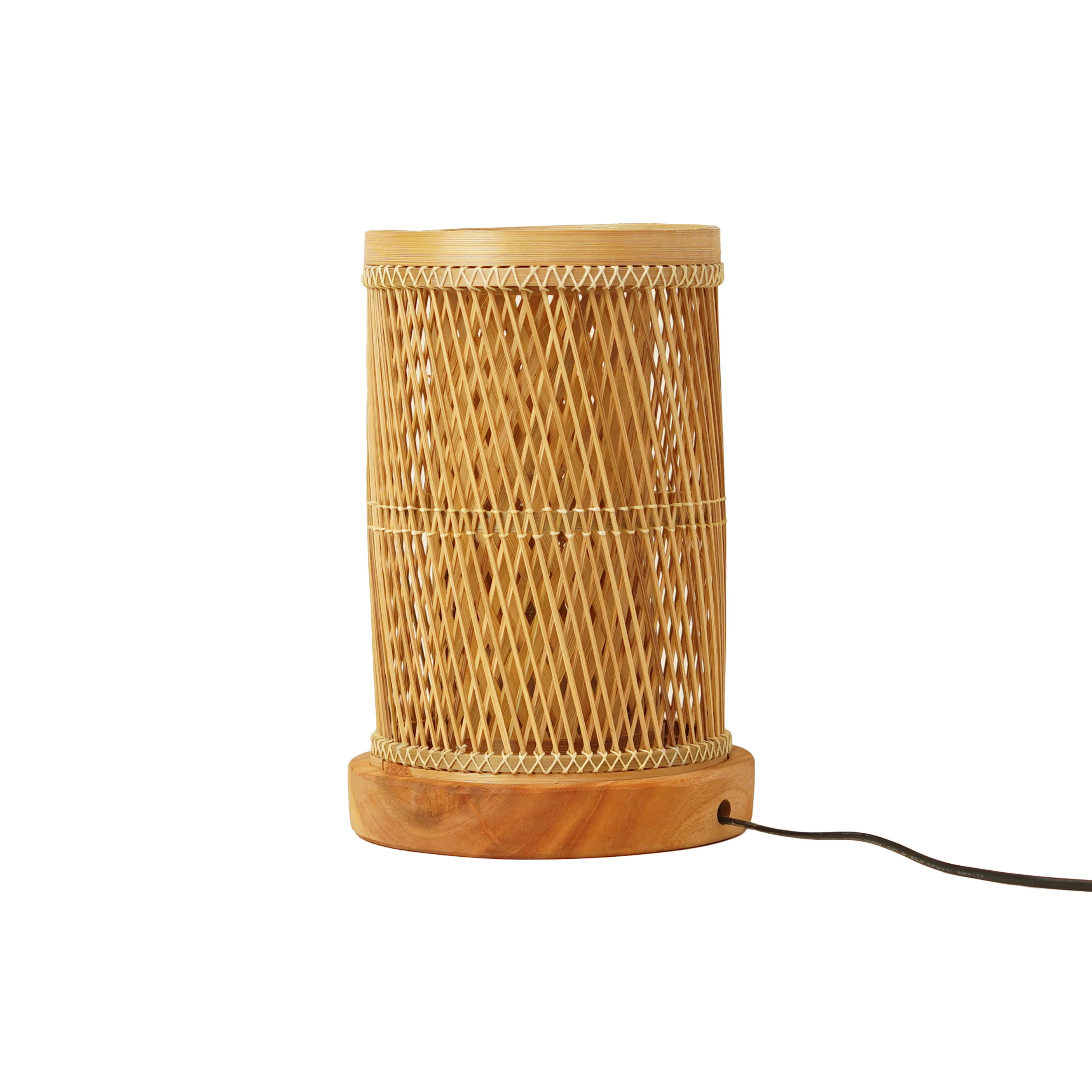 Handcrafted Small Dual-Layer Bamboo Table Lamp with Wooden Base - Woven Bedside Desk L - Thumbnail 2