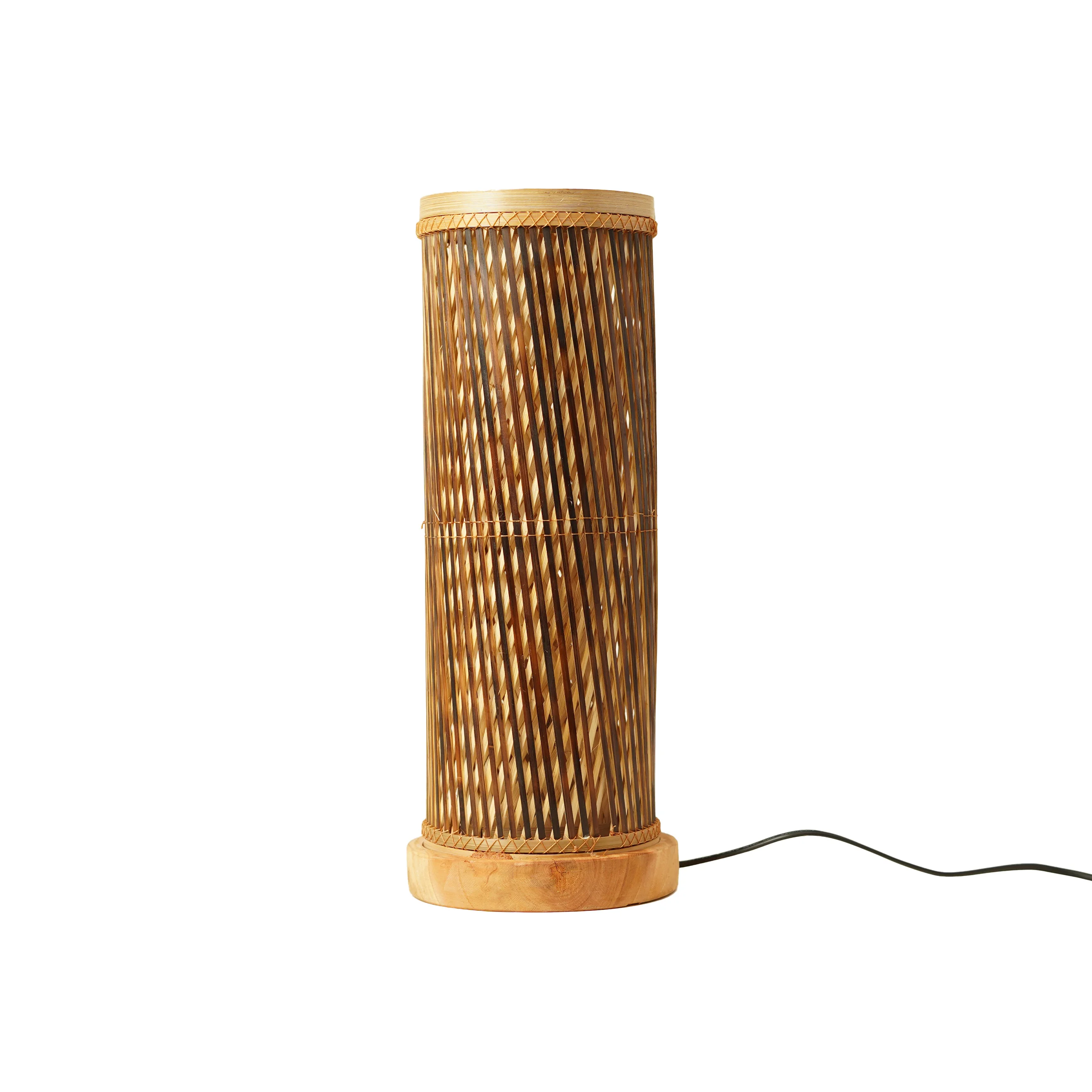 Handcrafted Cylinder Bamboo Table Lamp with Wooden Base - Spiral Woven Bedside Desk Li - Thumbnail 1