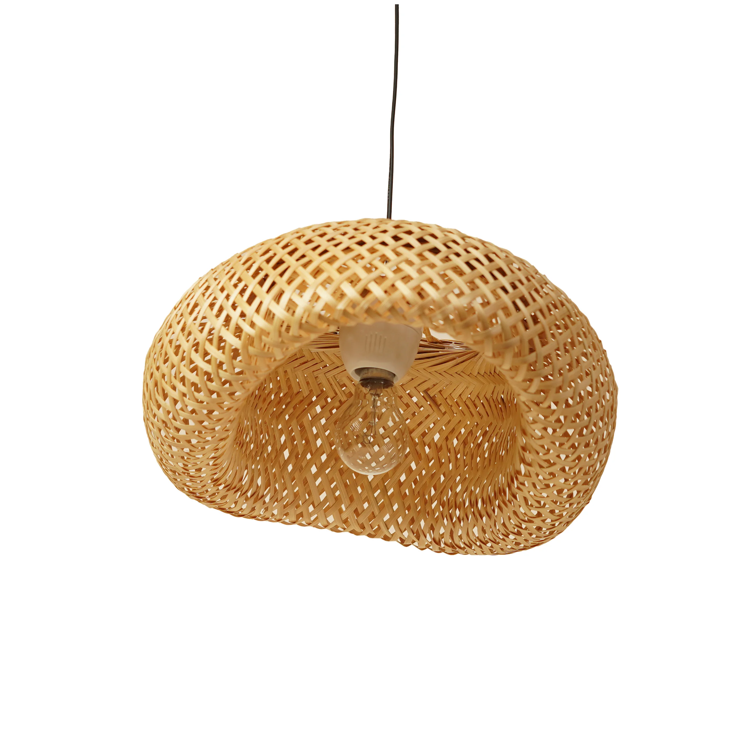Handcrafted Wavy Dome Bamboo Pendant Light - Eco-Friendly Woven Hanging Lamp Shade - Thumbnail 3
