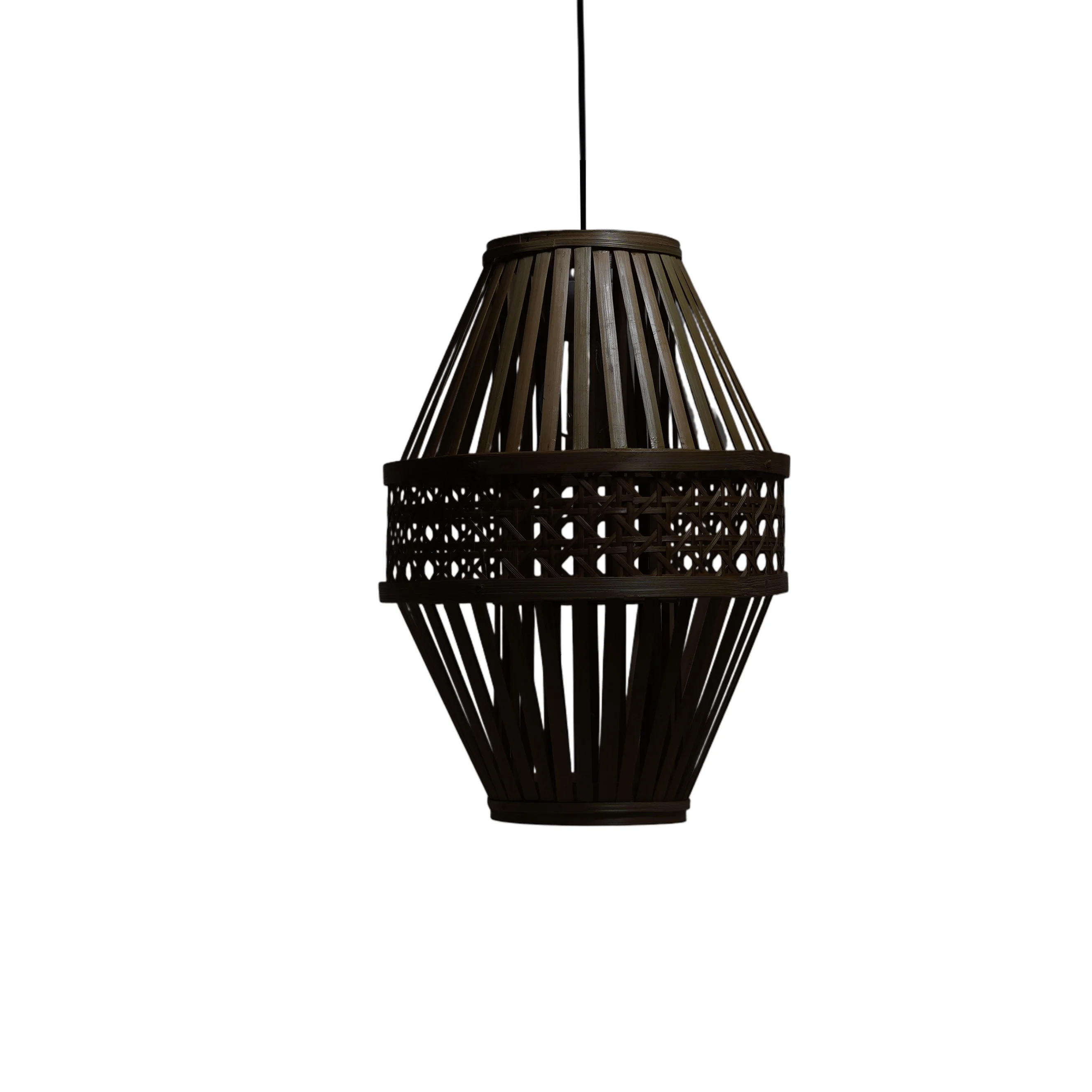Handcrafted Diamond Bamboo Pendant Light - Woven Rattan Webbing Belt Lamp Shade - Thumbnail 2