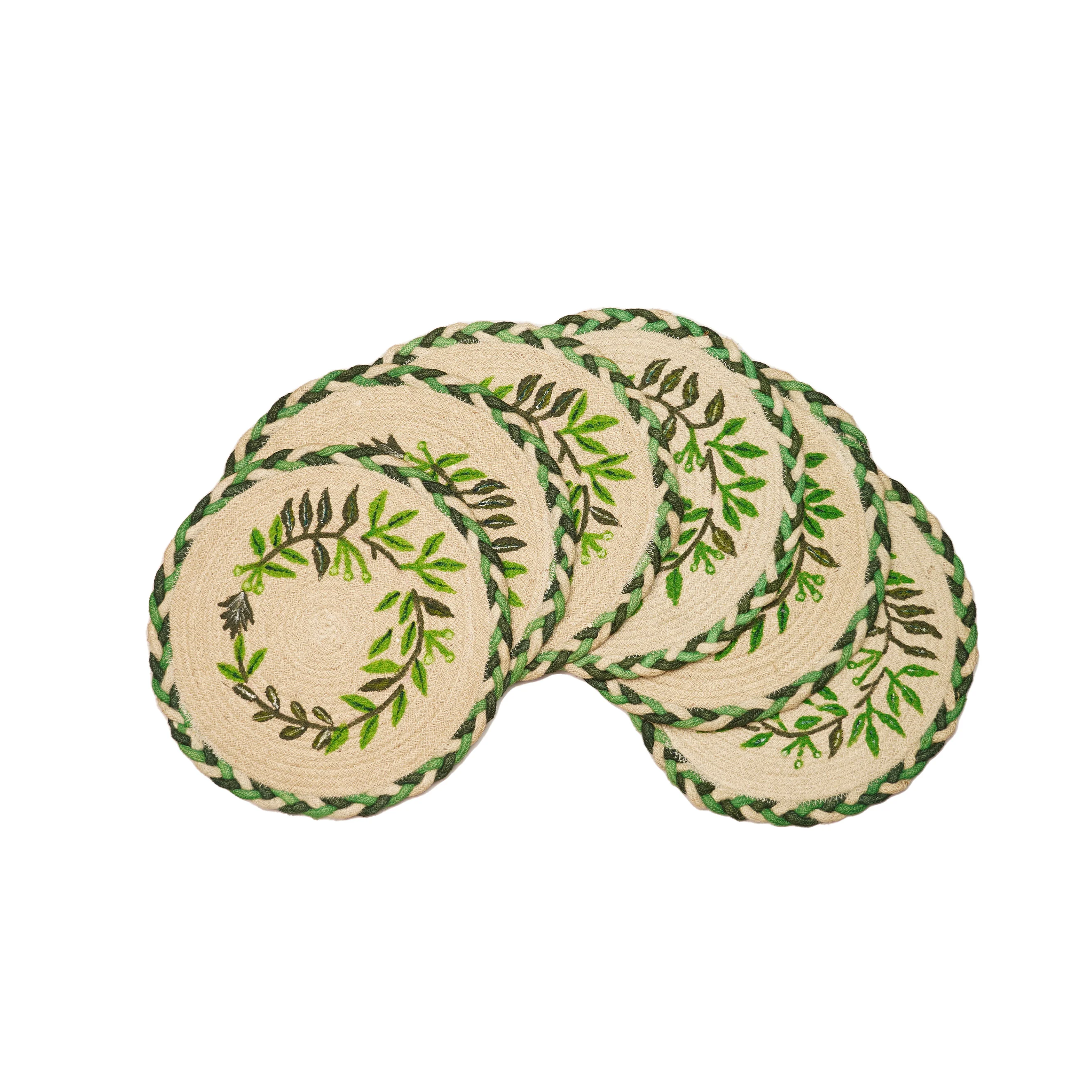 Handmade Braided Jute Dining Table Mat Set (7 Pcs) with Embroidered Botanical Leaf Des - Thumbnail 2