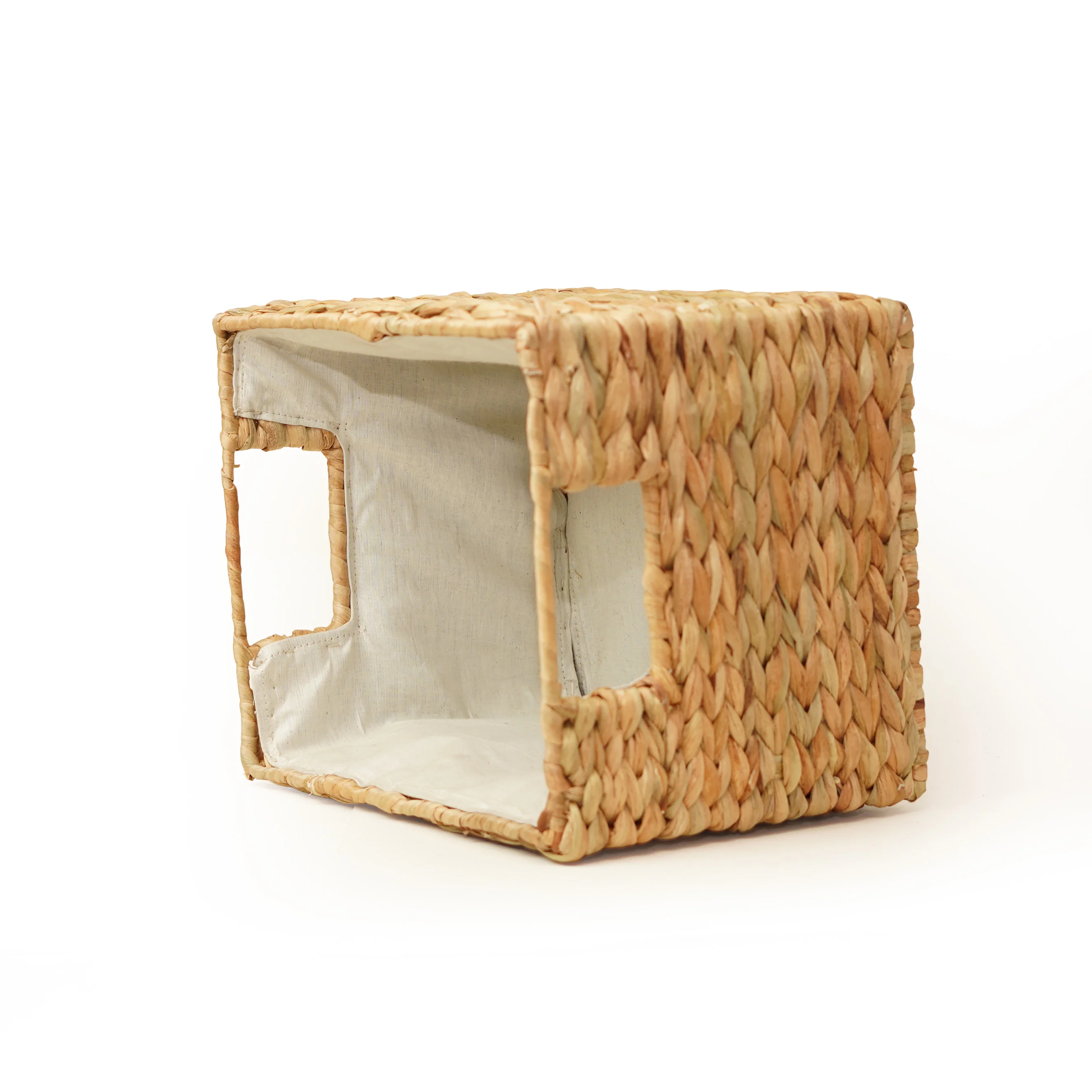 Handcrafted Natural Water Hyacinth Square Storage Cube Basket | Woven Shelf Organizer Bin with Fabri