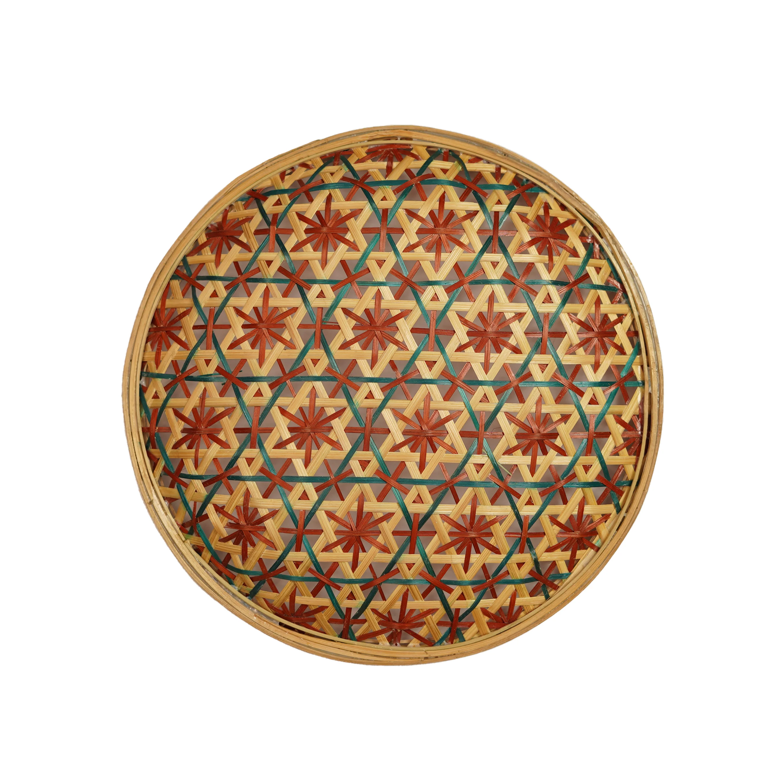 Handcrafted Geometric Patterned Bamboo Round Storage Box with Lid